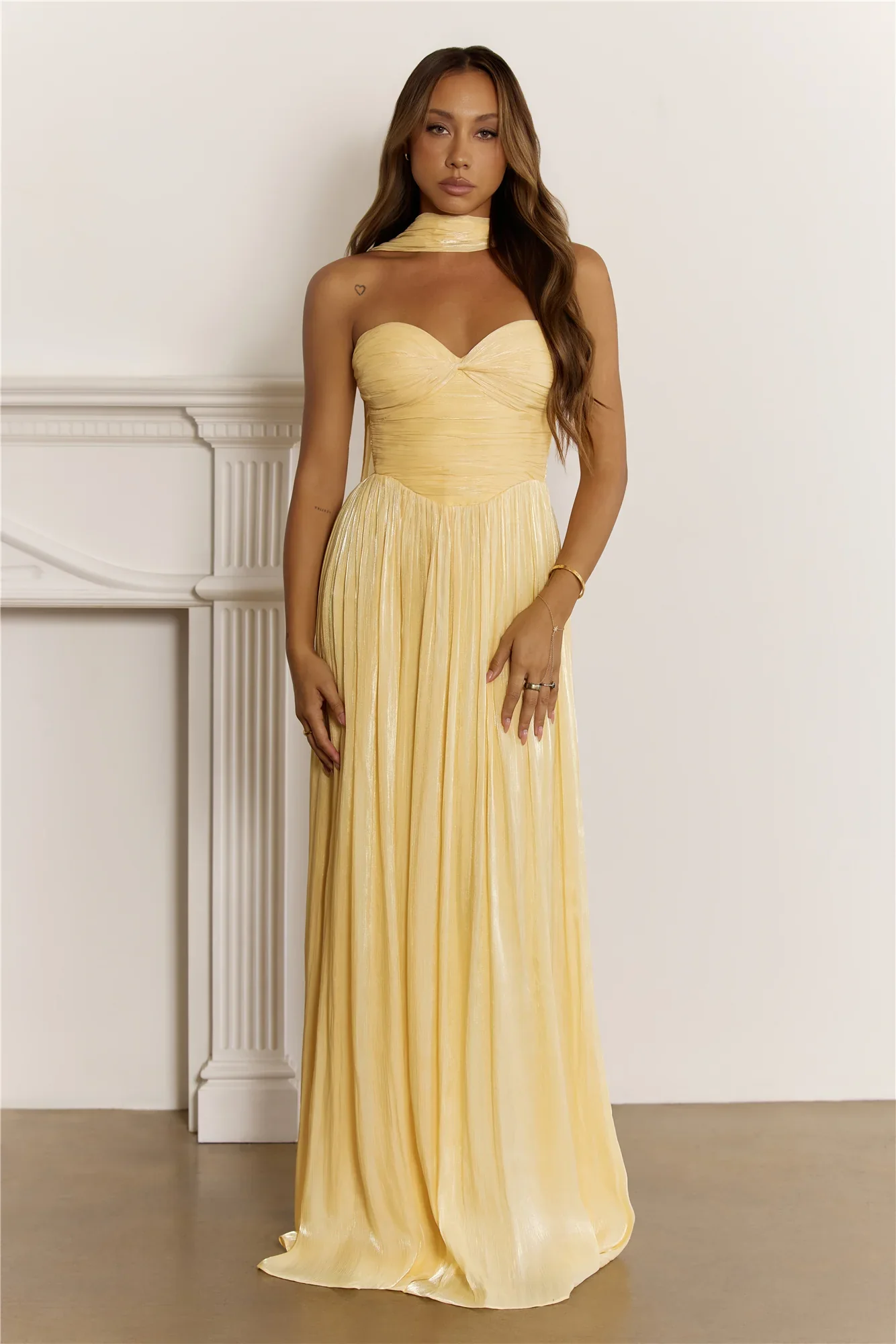 Shimmering Goddess Strapless Maxi Dress Yellow