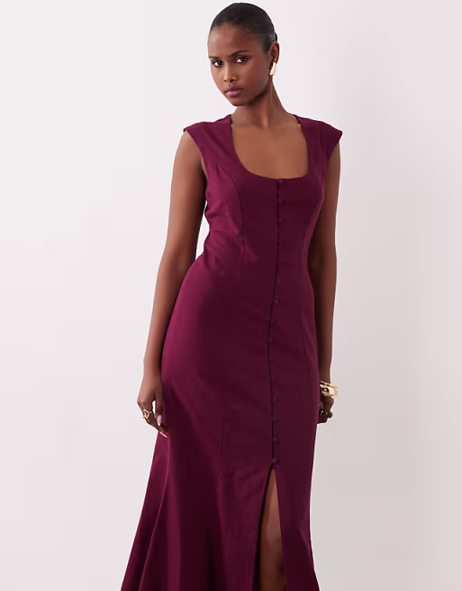 square neck button down midi sundress in burgundy