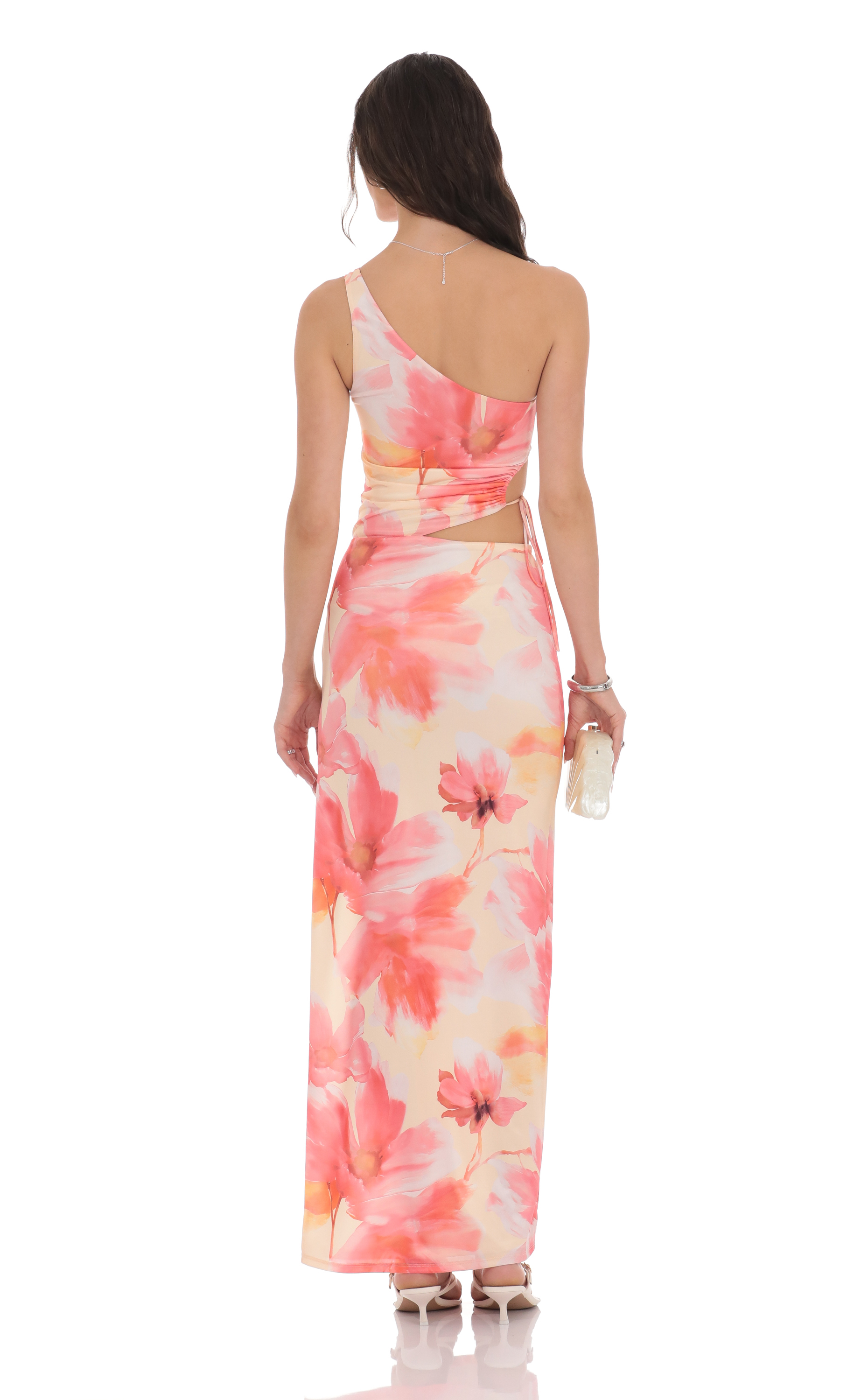 Floral One Shoulder Cutout Maxi Dress in Orange - luluinthesky