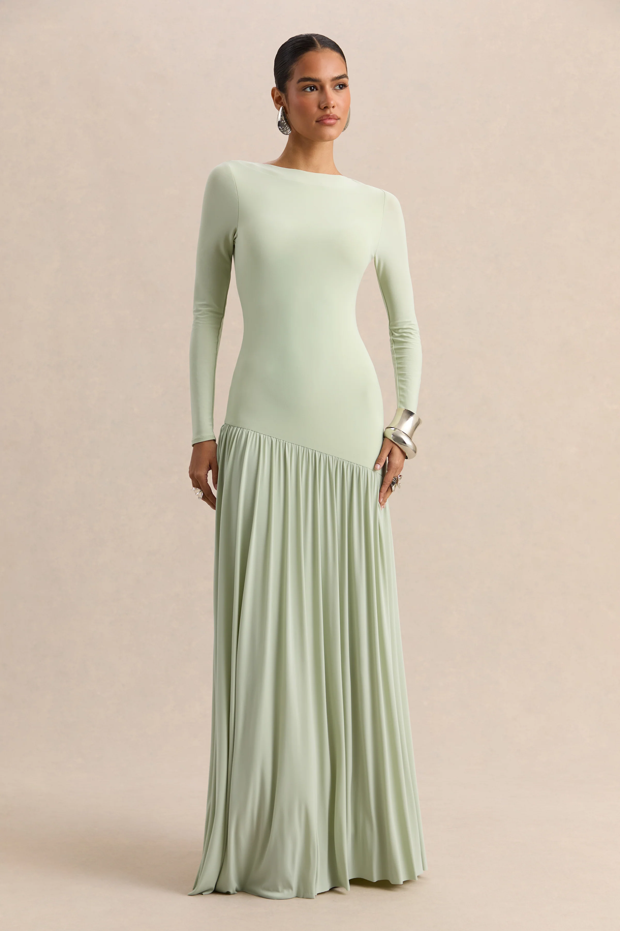 Jasira | Mint Crew-Neck Maxi Dress With Asymmetric Drop-Waist