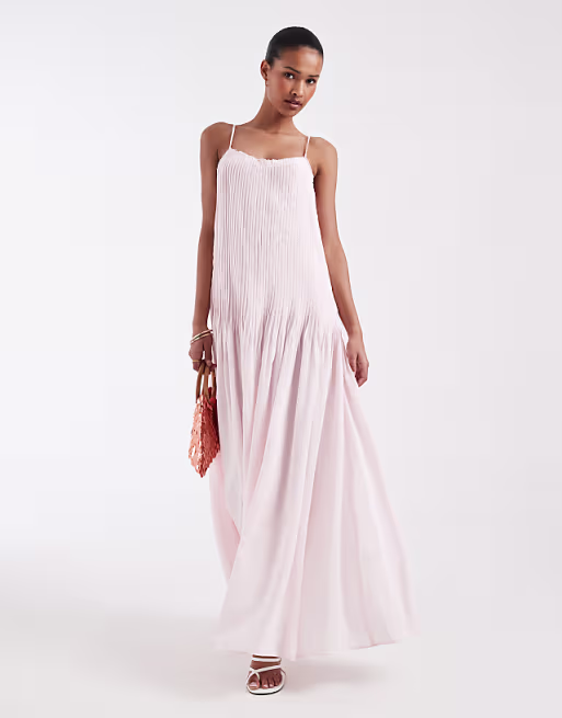 & Other Stories drop waist maxi dress with pleated skirt in light pink