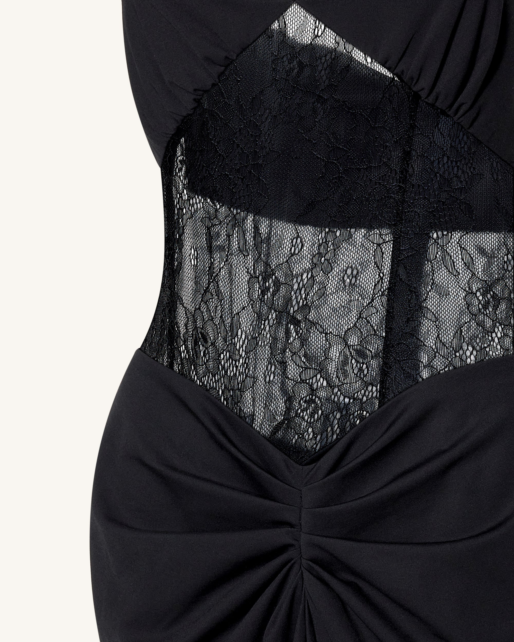 Ruched Lace Panel Maxi Dress - Black - FASHION NOB