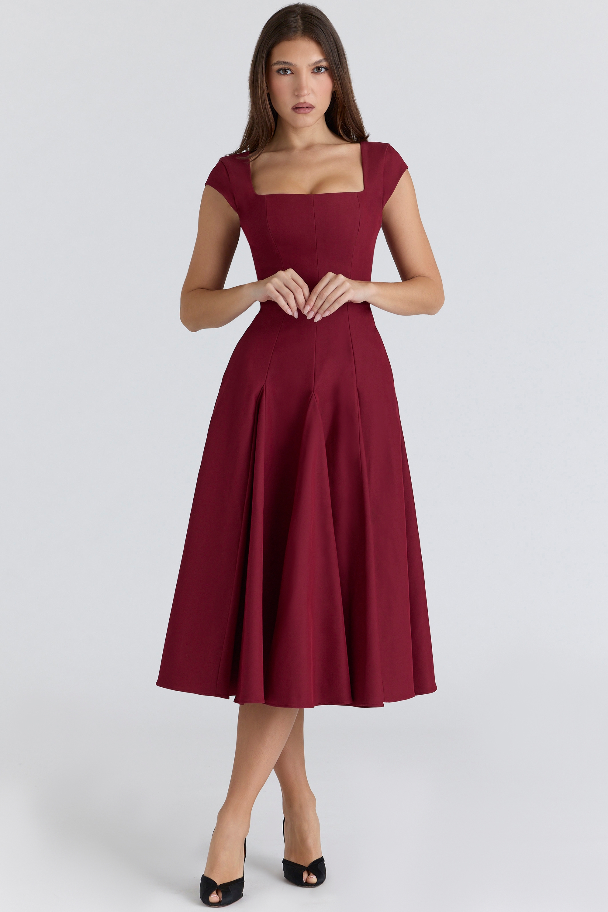 wine lace back twill midi dress
