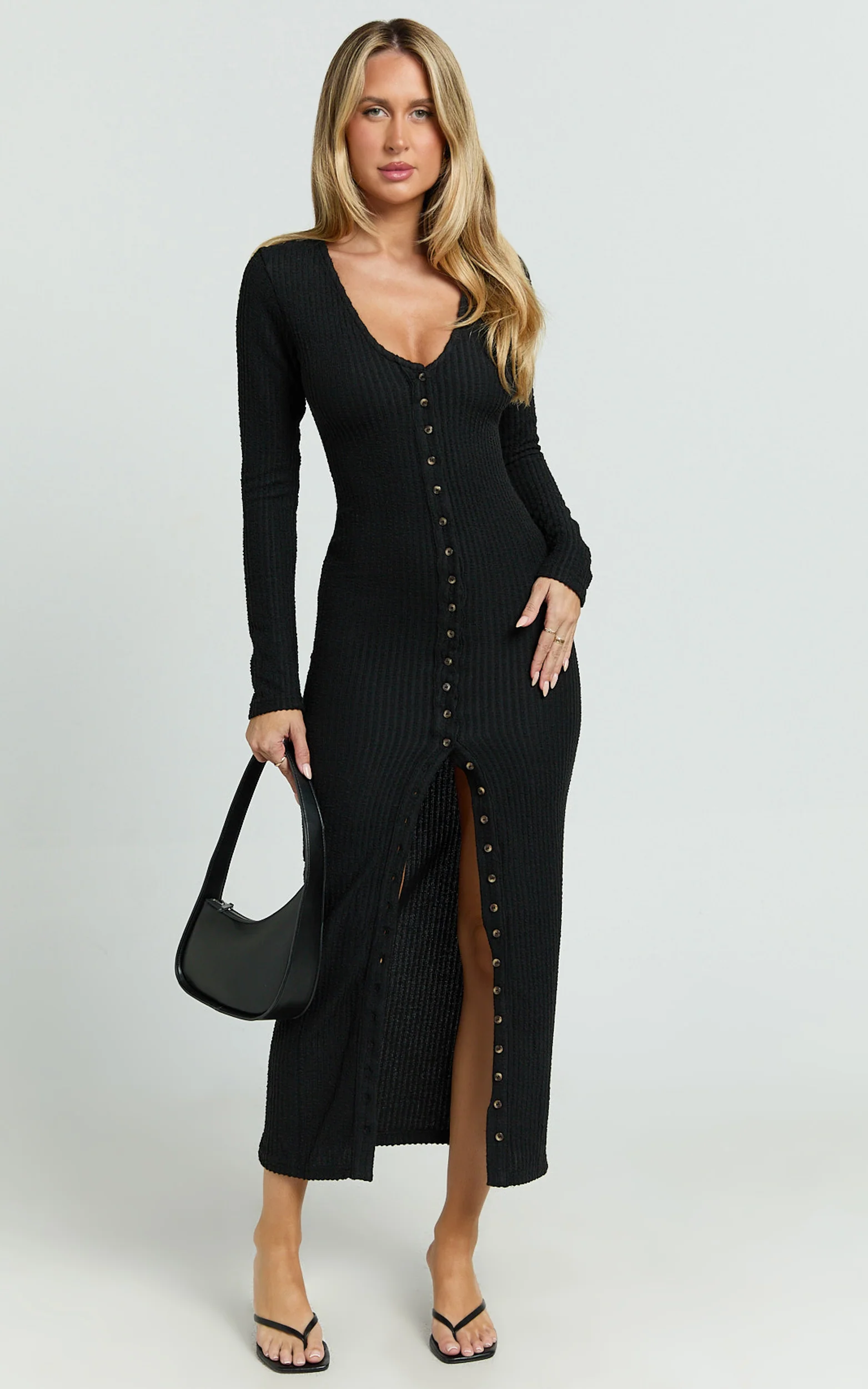 Zayla Midi Dress - Long Sleeve Button Front Bodycon Dress in Black
