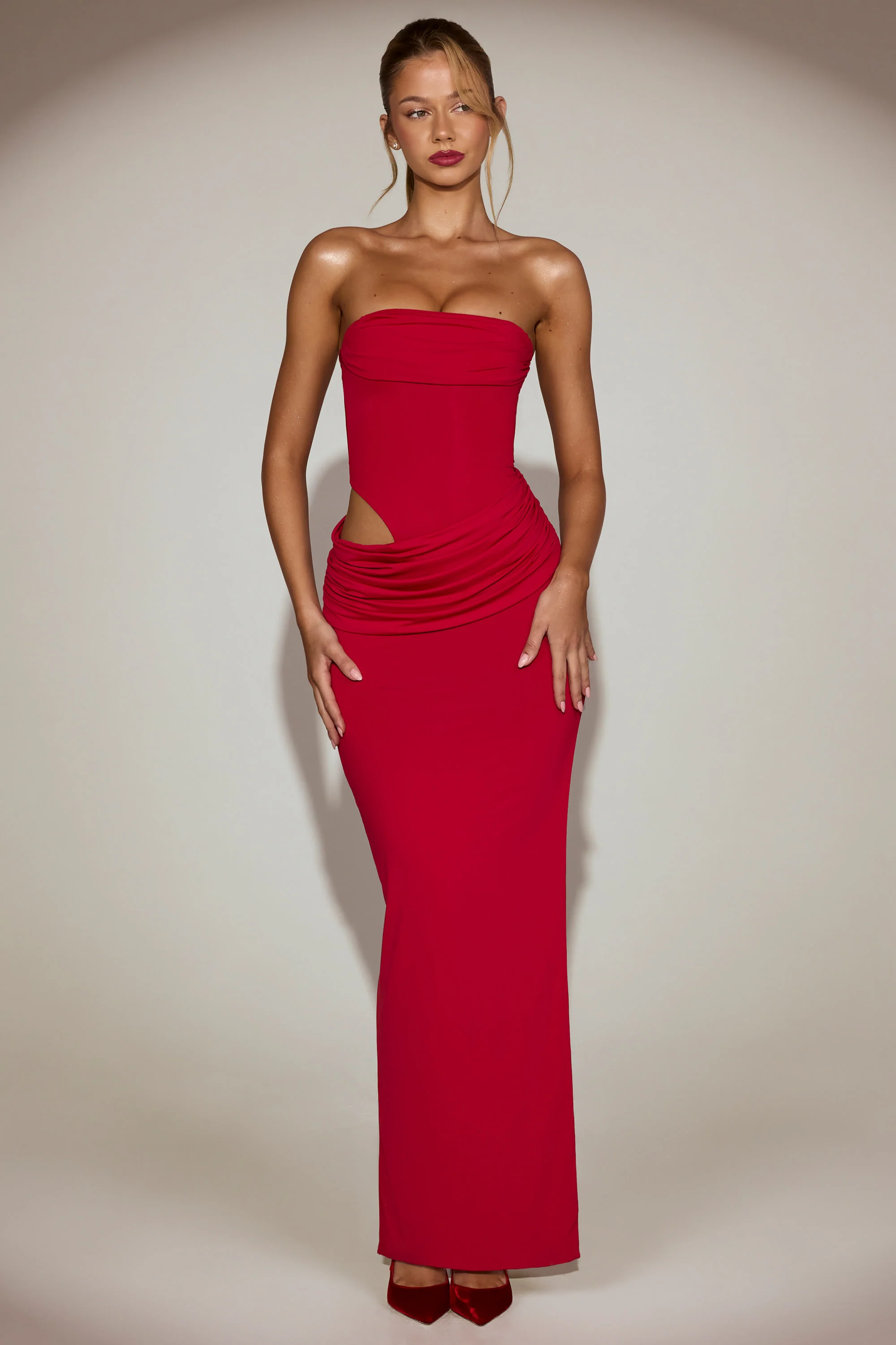 Soft-Jersey Bandeau Cut-Out Maxi Dress in True Red