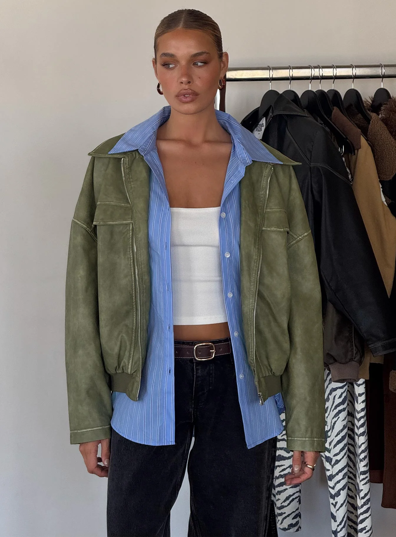 Tanza Faux Leather Jacket Washed Green