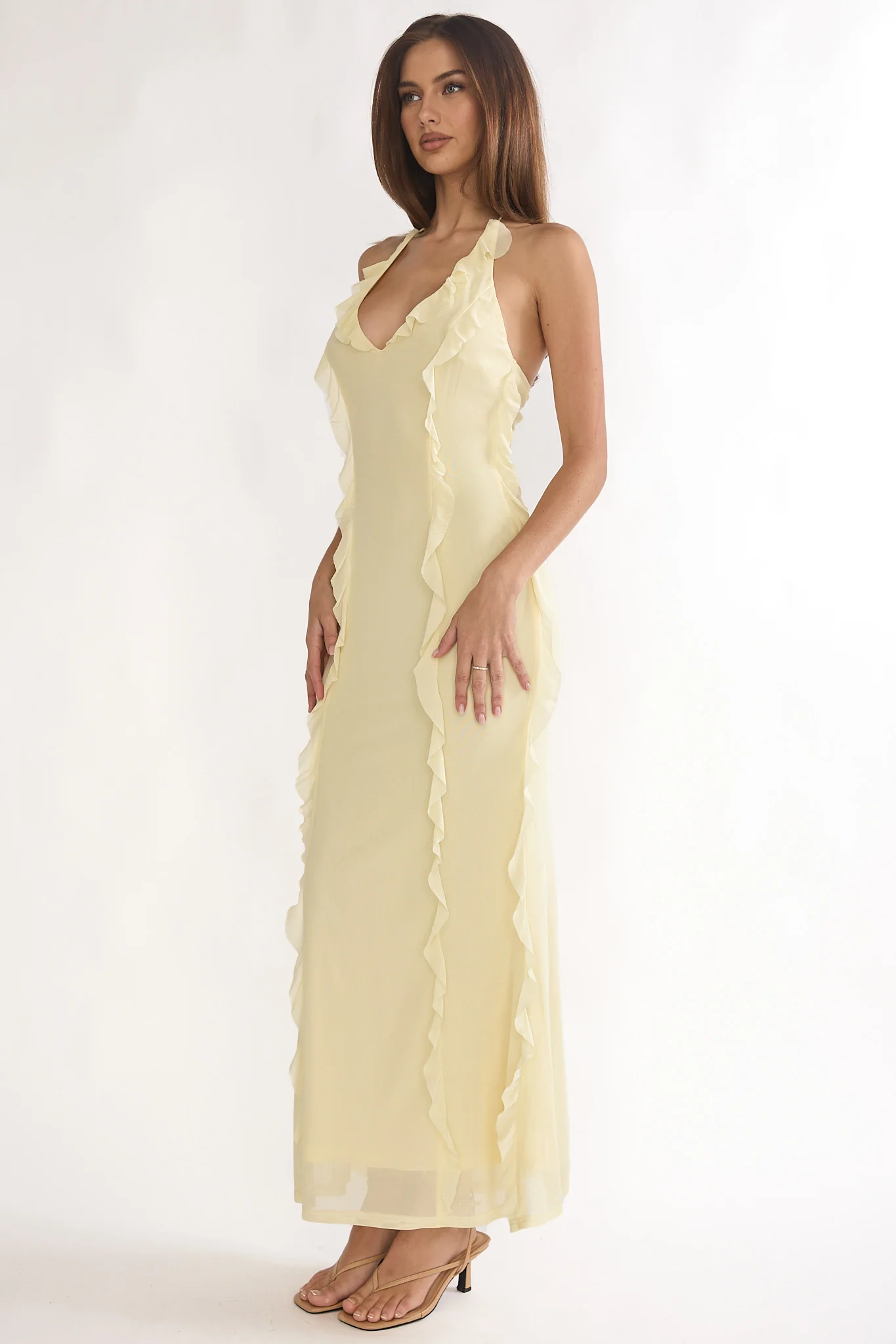Collins Halter Ruffle Trim Maxi Dress Butter - luluinthesky