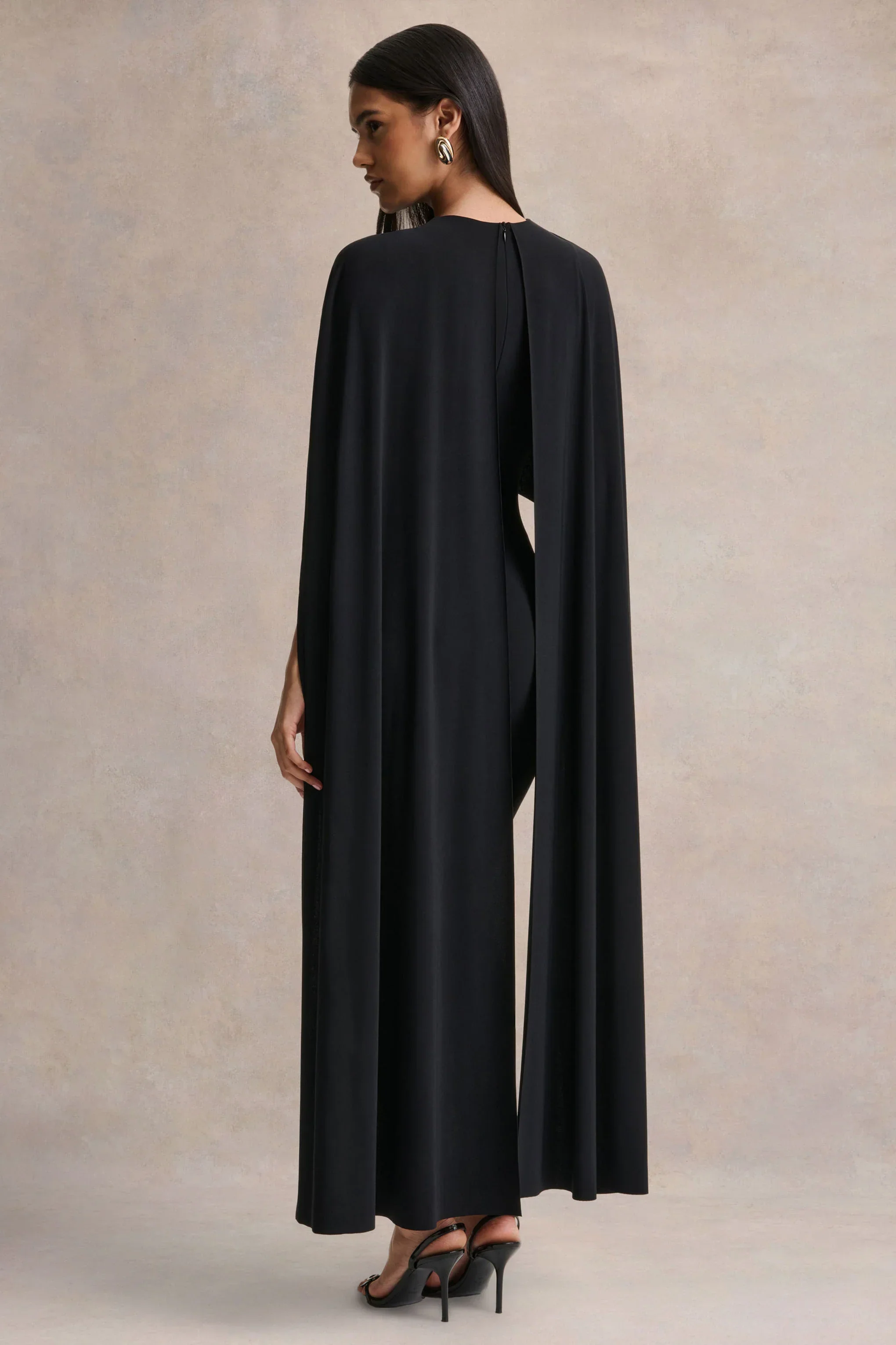 Kalani | Black Crew-Neck Midi Dress With Cape-Sleeves