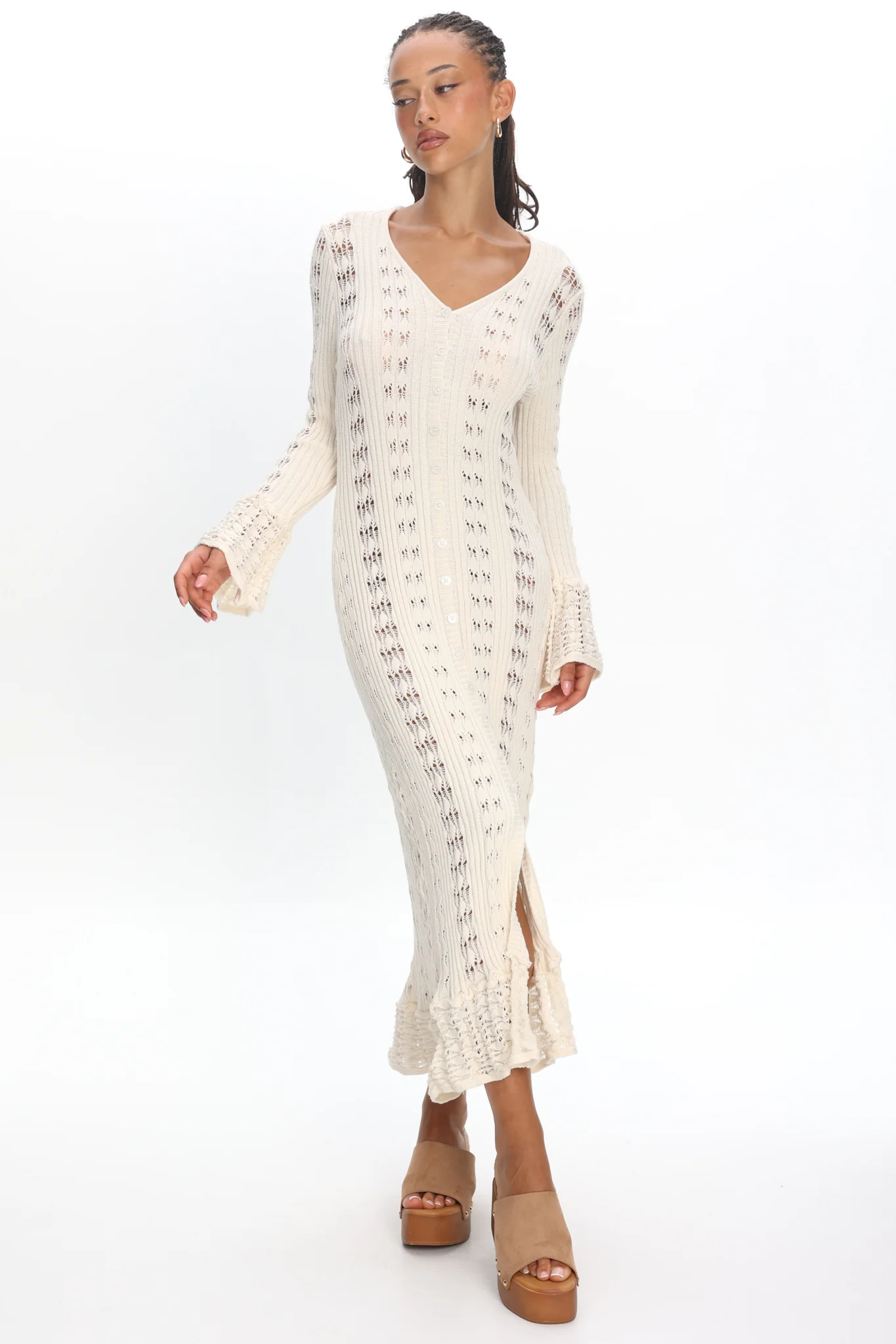 Portside Long Sleeve Knit Maxi Dress Cream