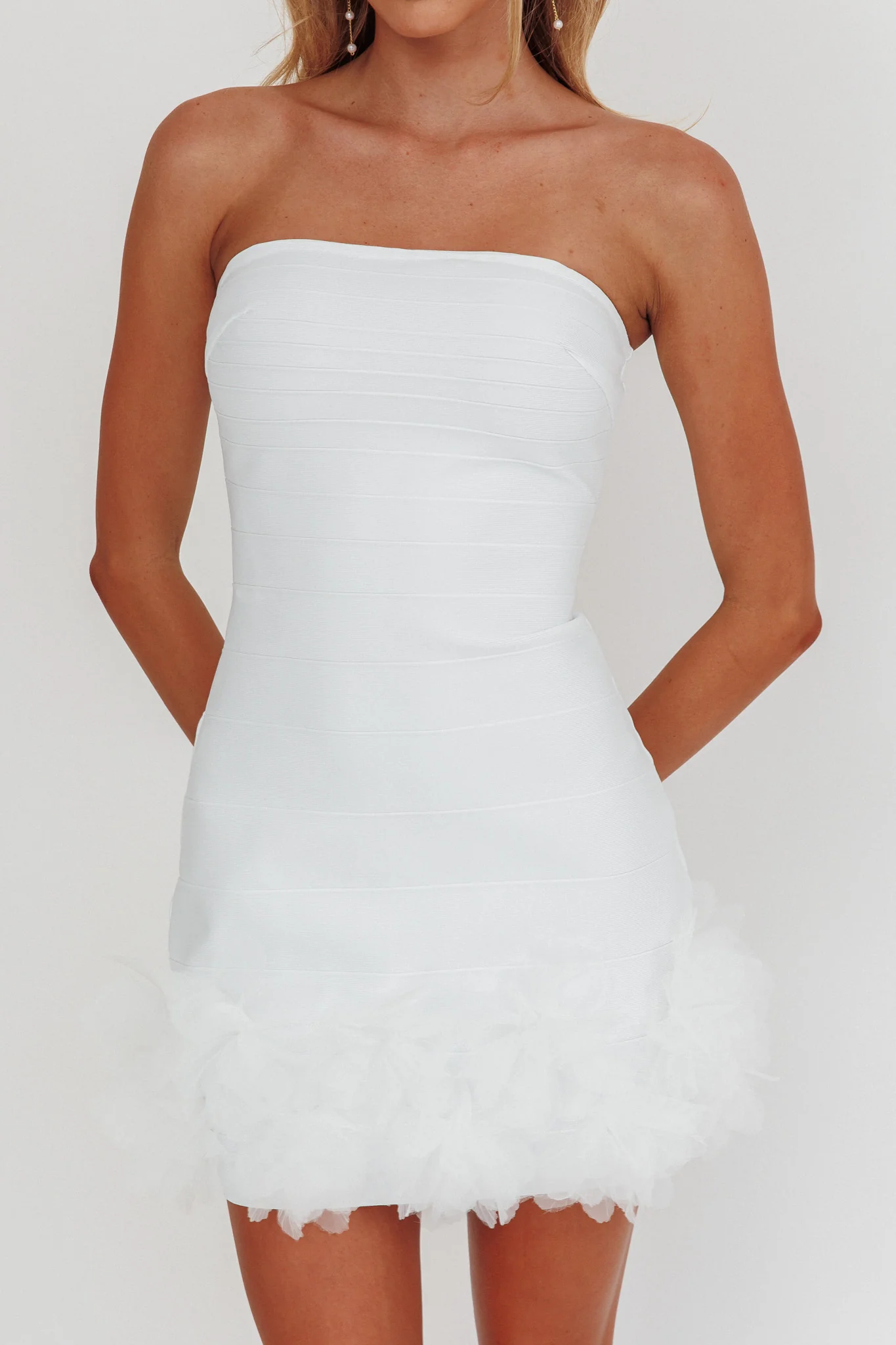 Leni Strapless Embellished Hem Mini Dress White - luluinthesky