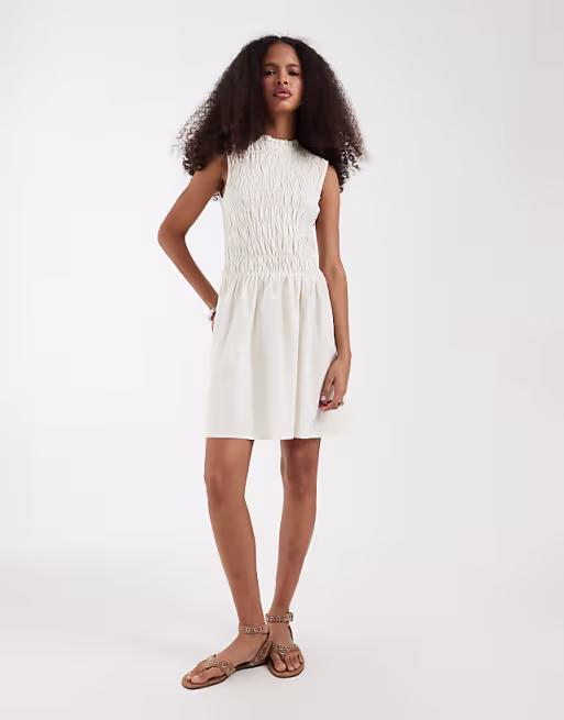 ONLY shirred mini dress in cream