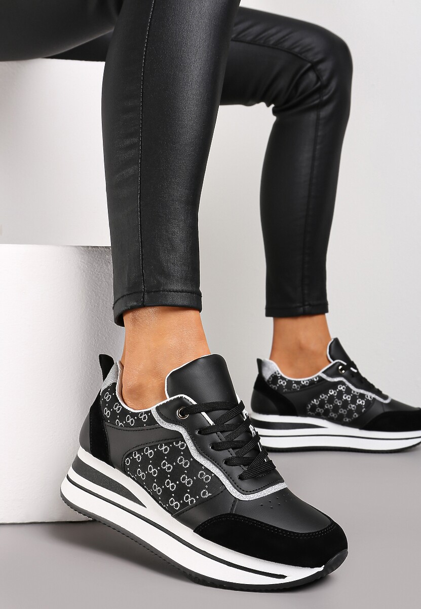 Czarne Sneakersy z Brokatem na Grubej Podeszwie Hilena