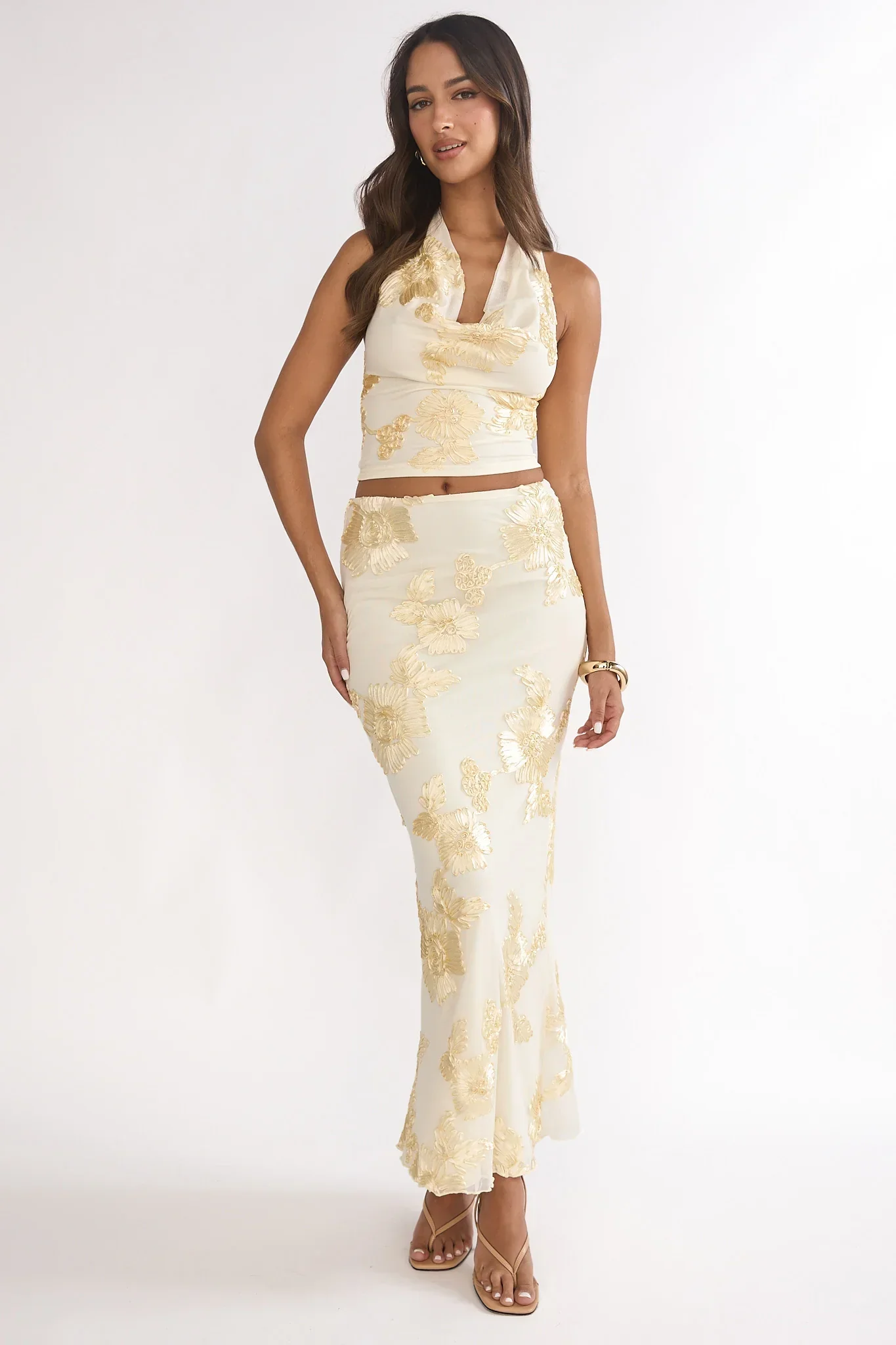 Golden Hours Cowl Halter Top Embellished Yellow