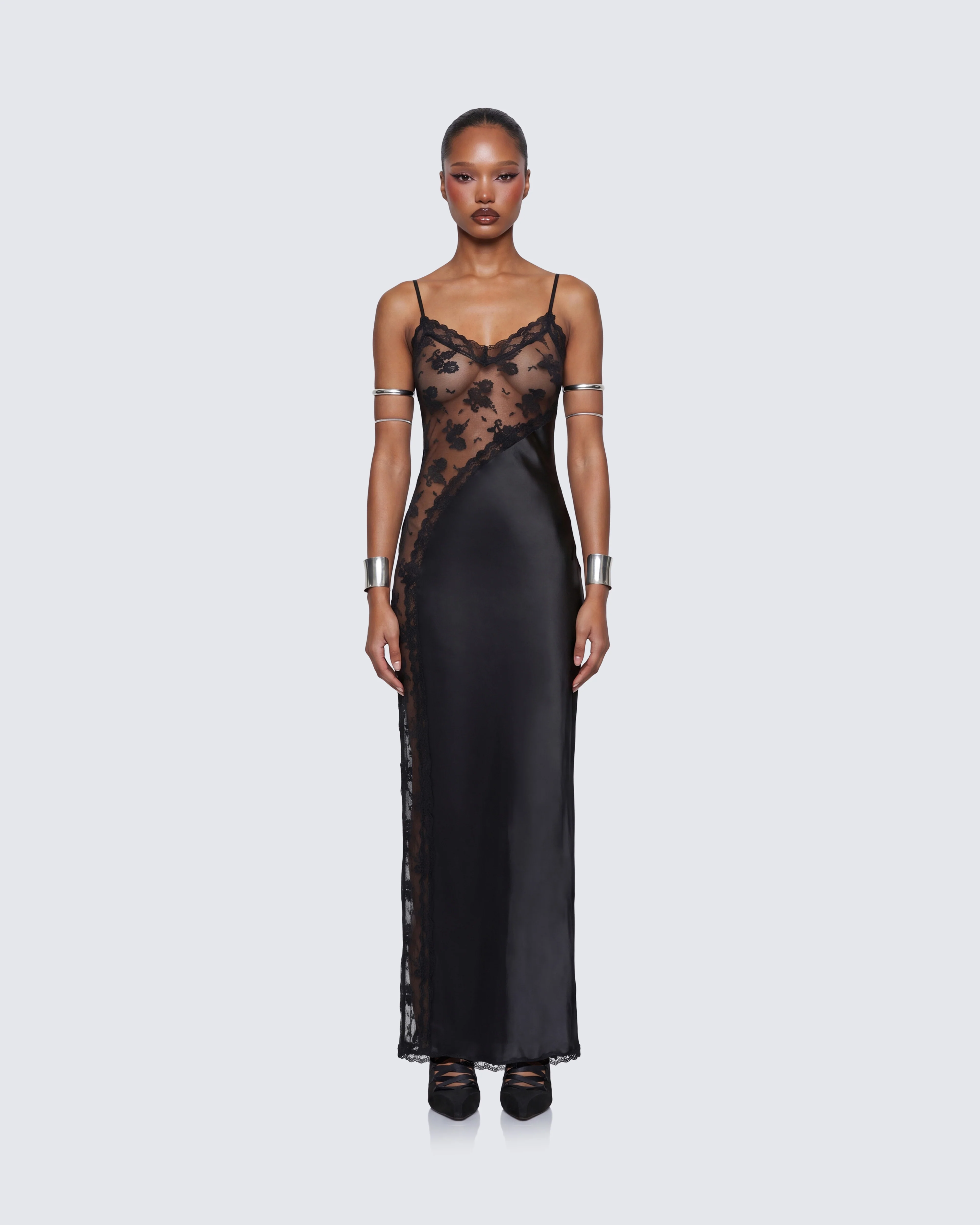June Black Lace Satin Mix Maxi Dress