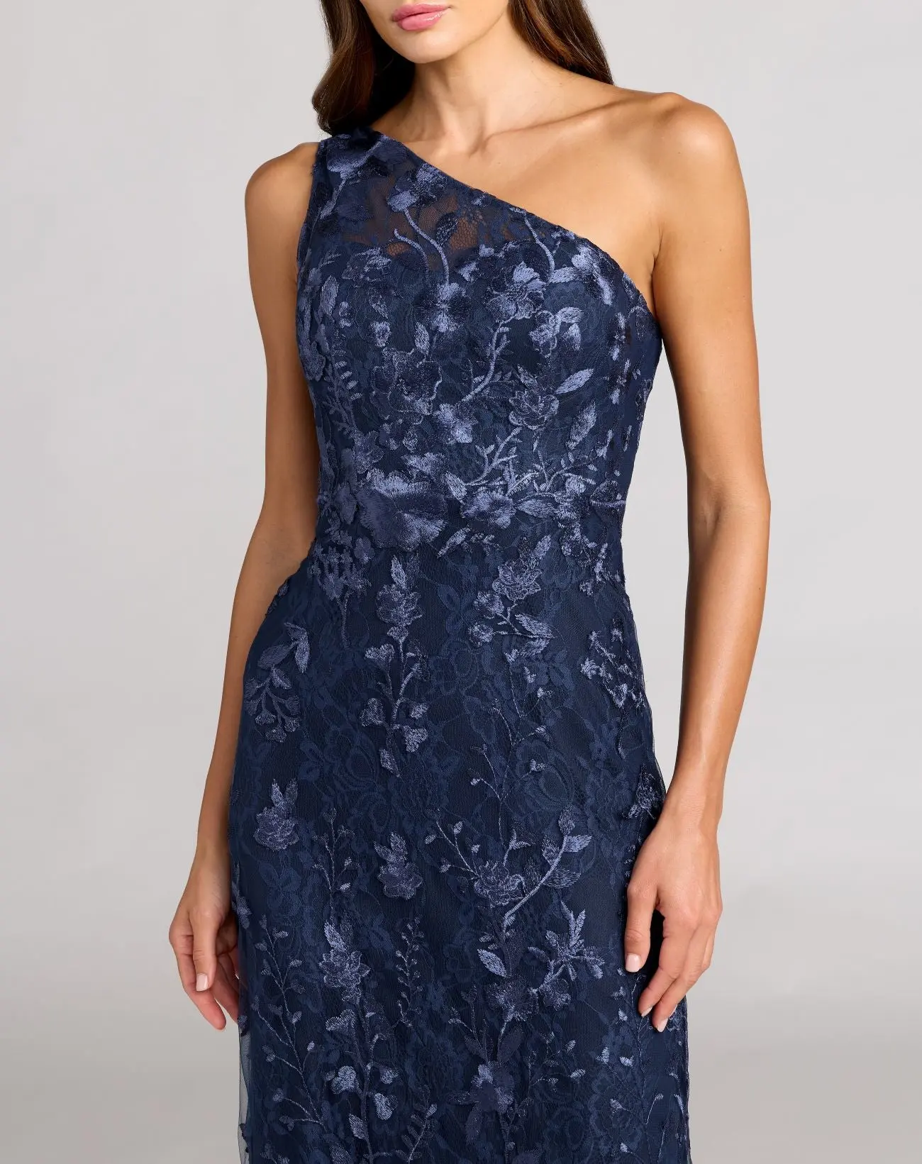 Navy One Shoulder Floral Embroidered Gown - luluinthesky