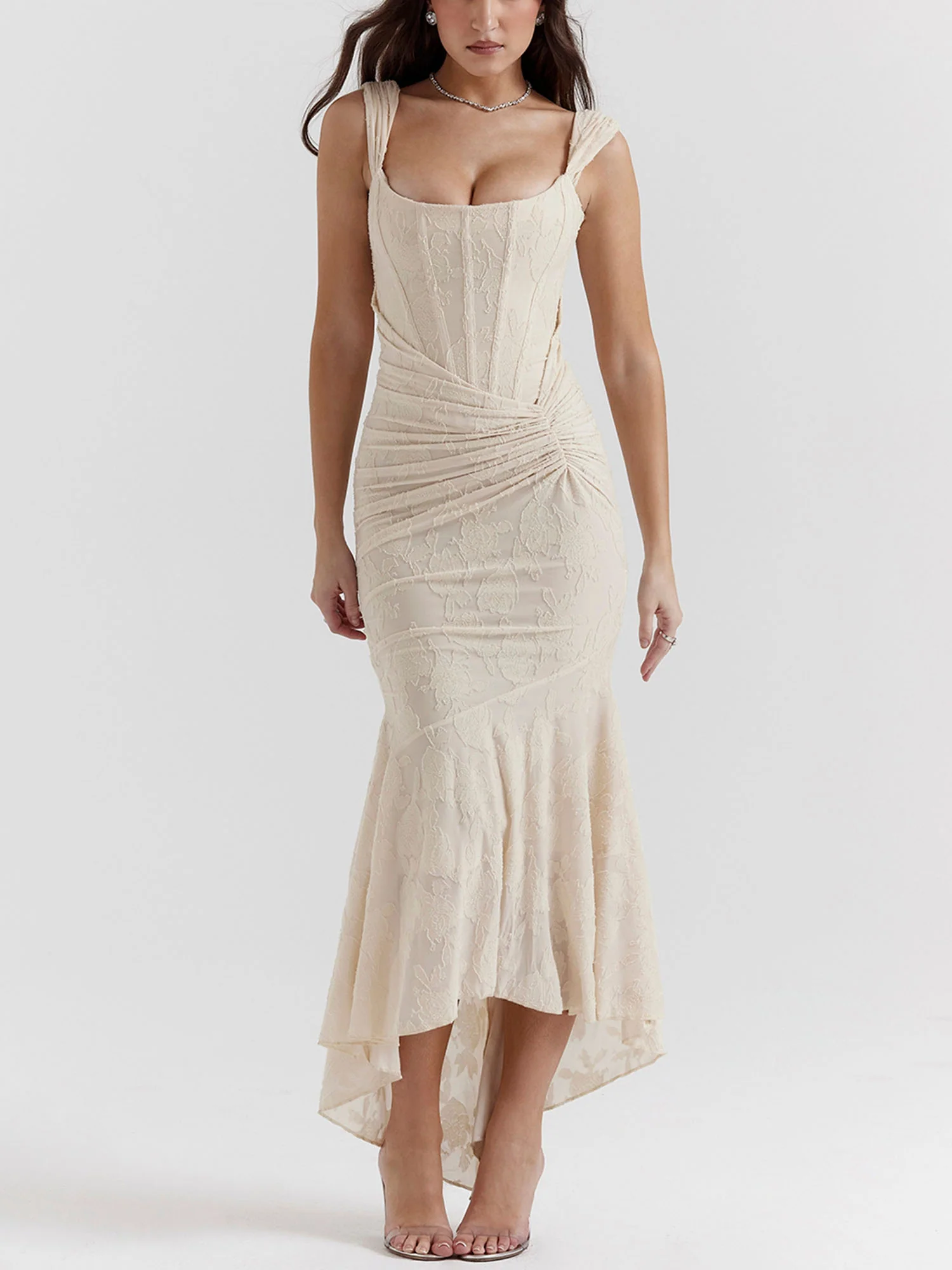 Beige Textured Asymmetrical Midi Dress