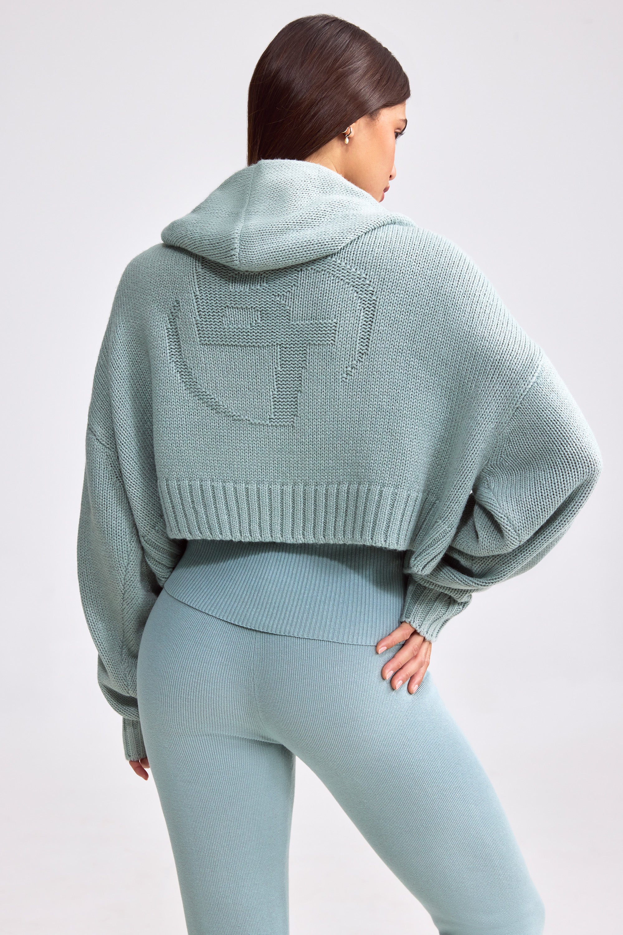 Chunky Knit Zip-Up Cropped Hoodie in Dusty Teal