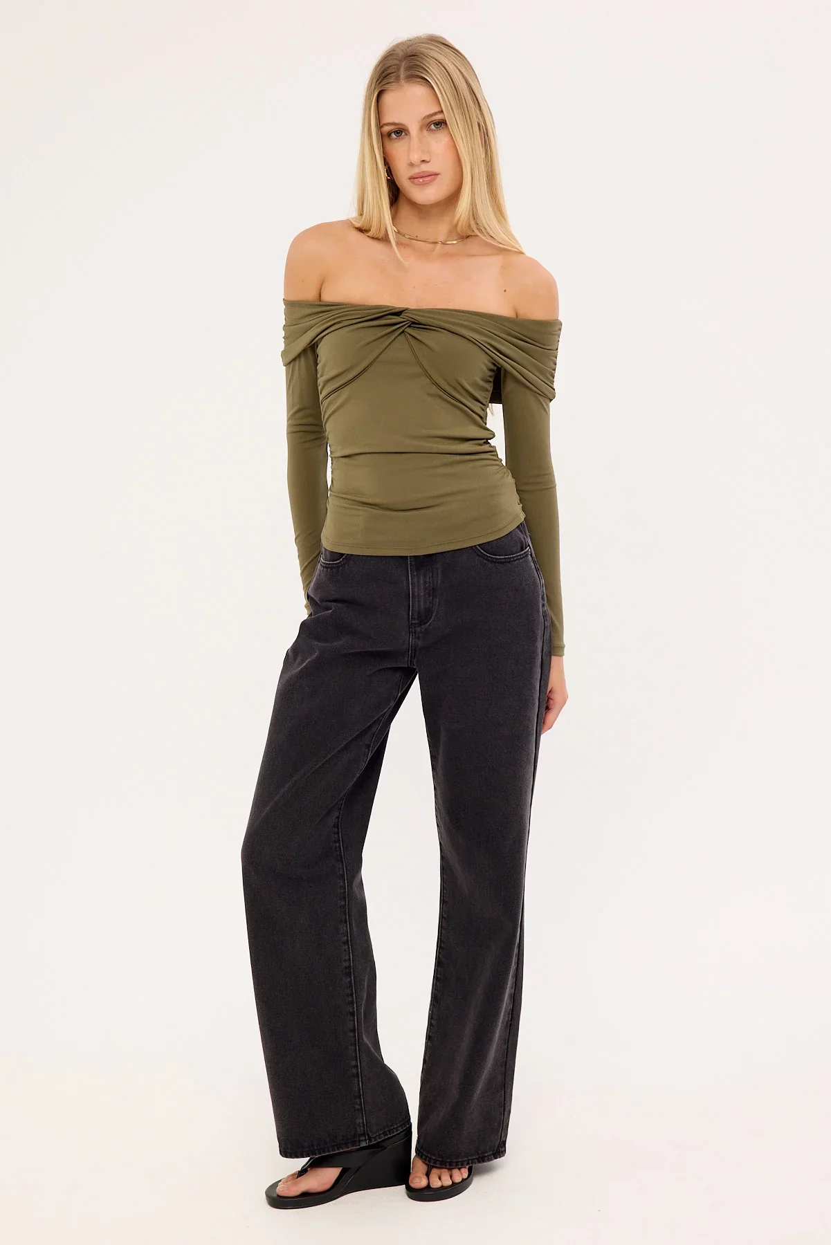 Perfect Stranger Akira Long Sleeve Twist Top Khaki Green