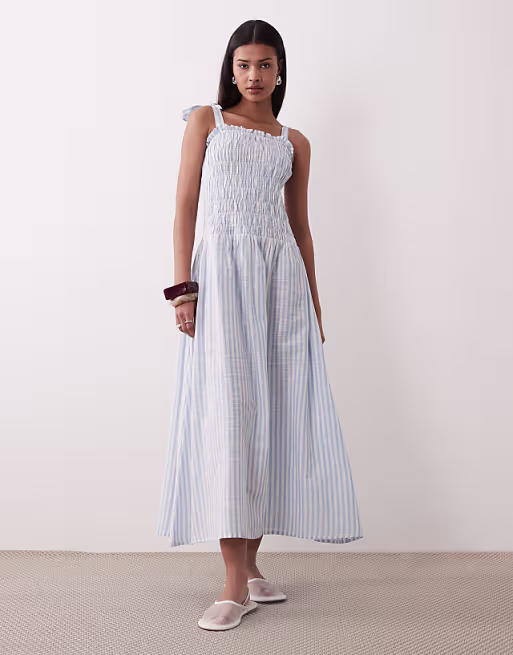 Esmee tie strap shirred maxi beach dress in blue & white stripe