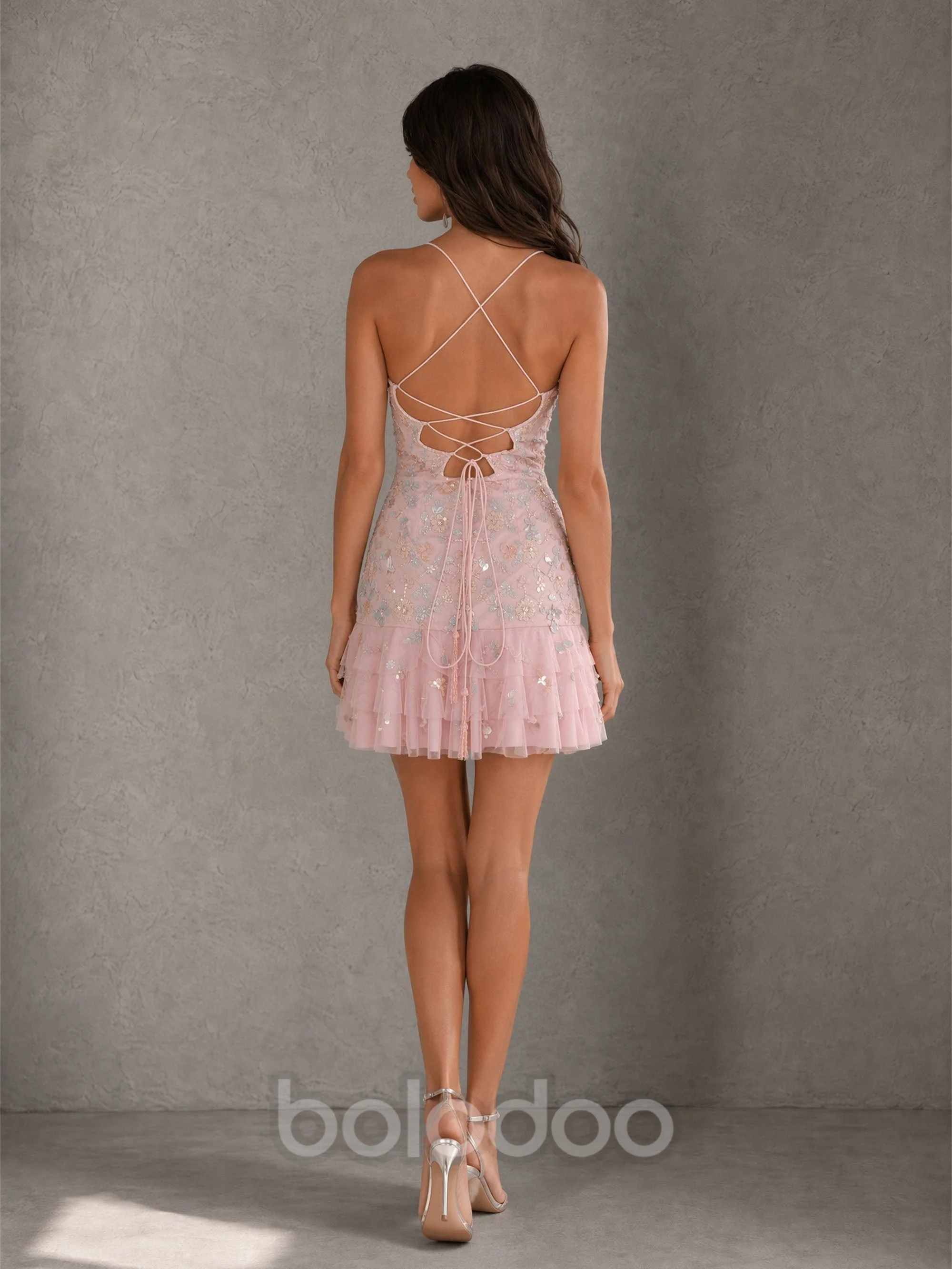 BOLODOO Blush Pink Sequin Floral Embroidered Open Back Mini Dress | Spaghetti Strap Tulle Party Dress