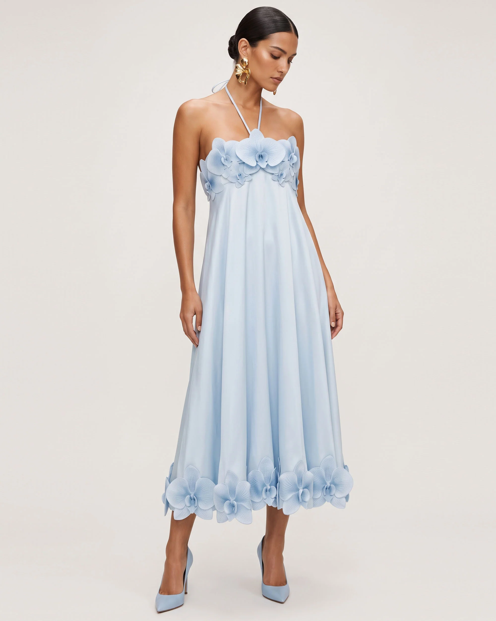 Orchid Embroidered Halter Midi Dress -Light Blue
