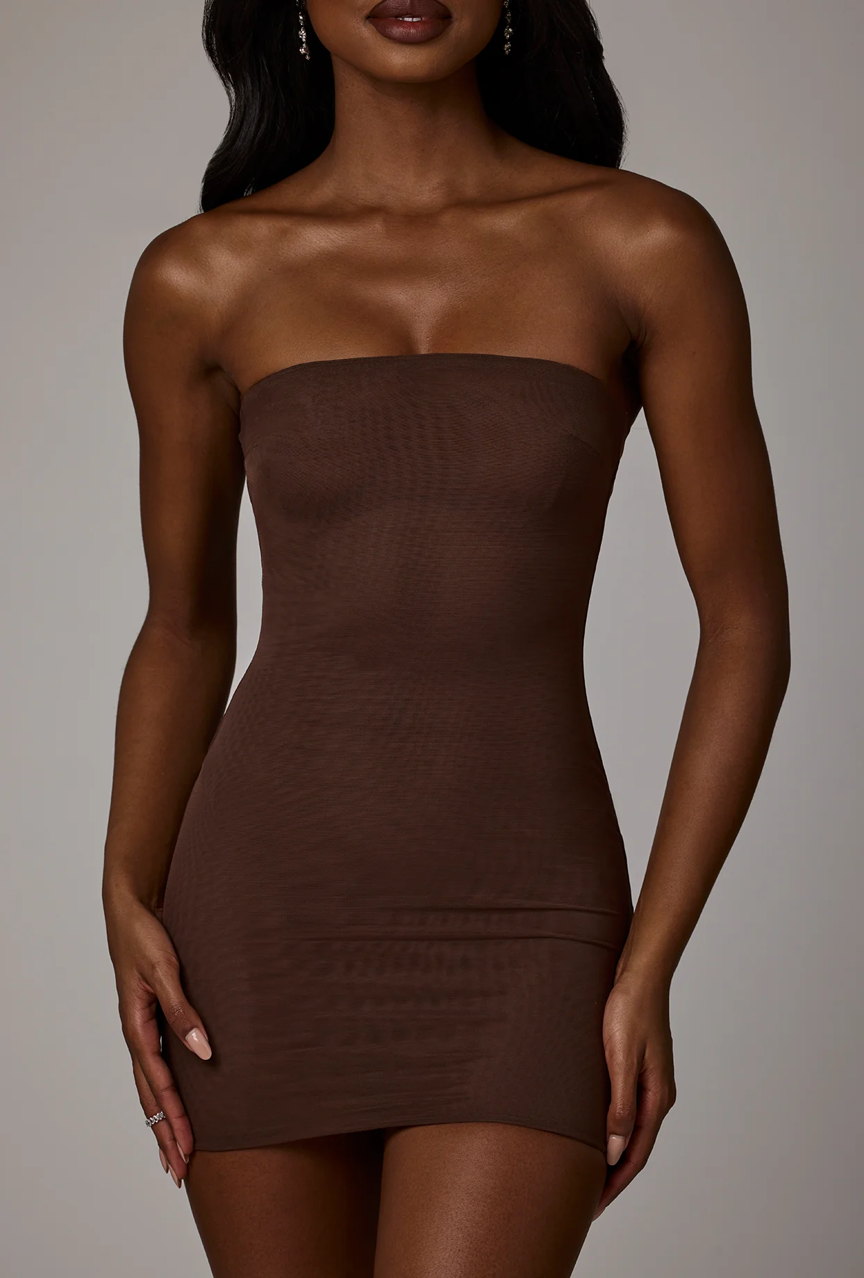 Soft Sheer-Mesh Bandeau Mini Slip Dress in Deep Cocoa