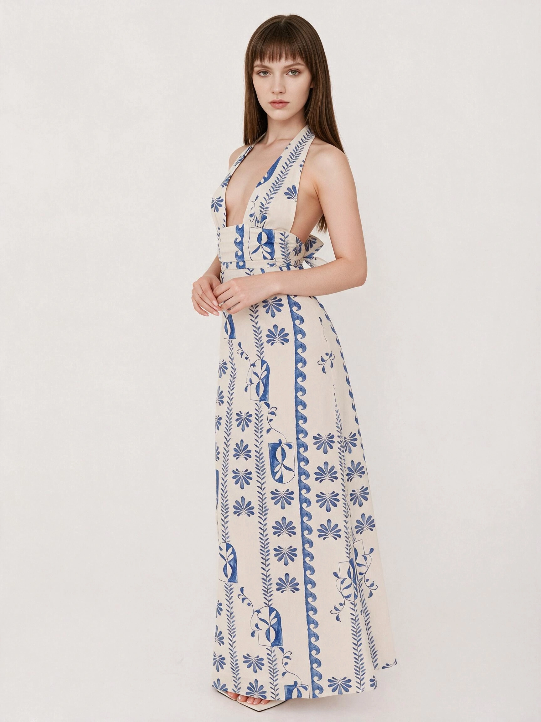 Blue and White Mediterranean Print Halter Neck Maxi Dress