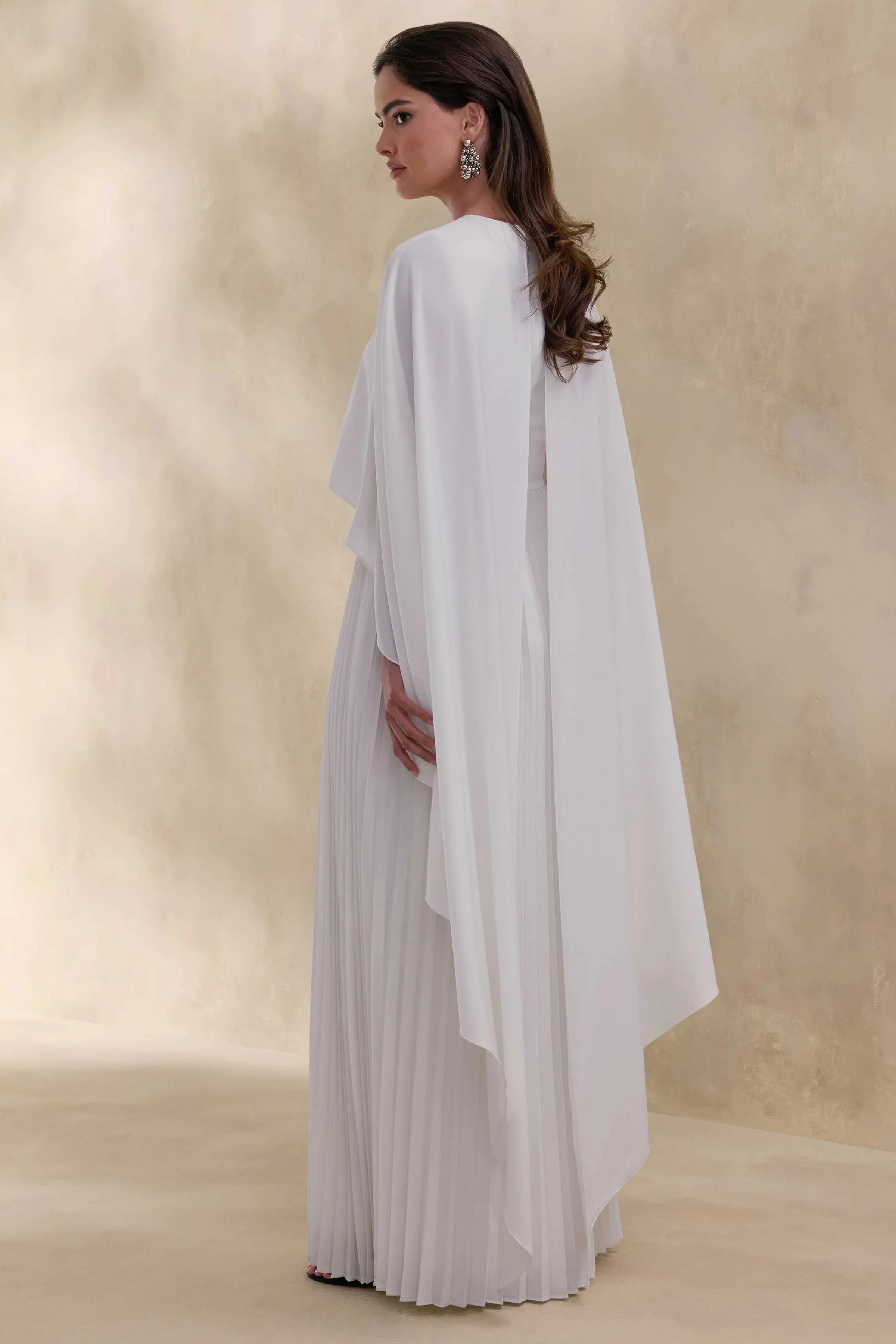 Loradia | Cream Satin Round-Neck Maxi Dress With Cape-Sleeves And Pleated-Skirt