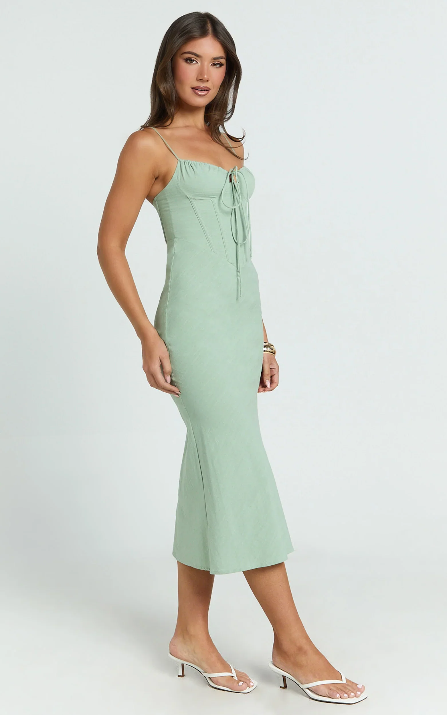 Mikayla Midi Dress - Linen Scoop Neck Ruched Bust Corset Waist Bias Skirt Dress in Sage