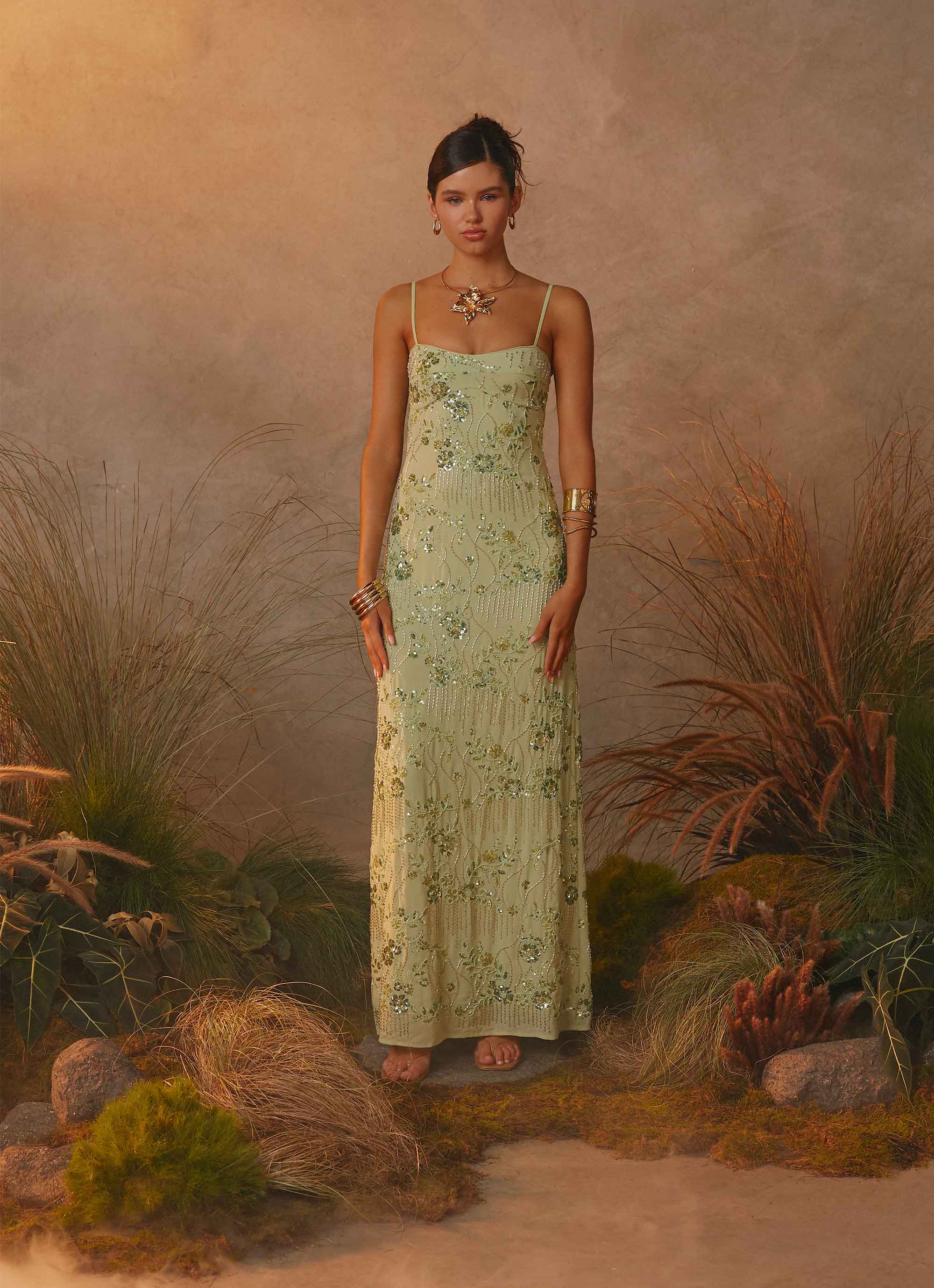 Celandine Beaded Maxi Dress - Lime - luluinthesky
