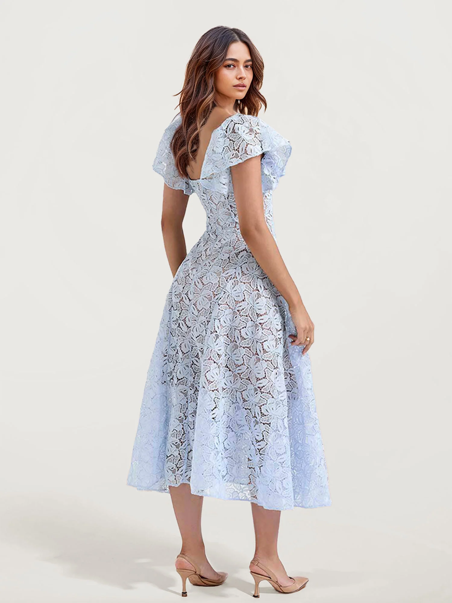 Lace Midi Dress with Flutter Sleeves