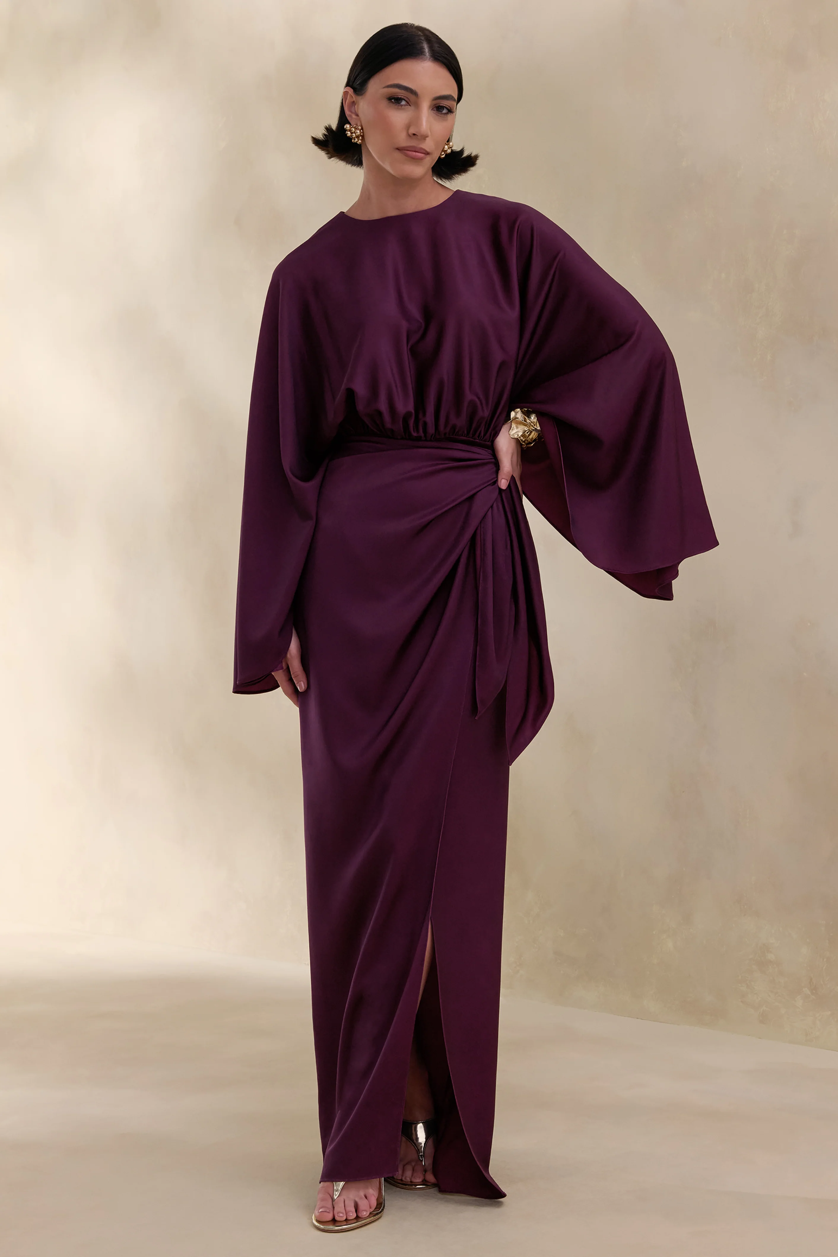 Delphina | Plum Satin Maxi Dress With Gathered And Knot-Detail