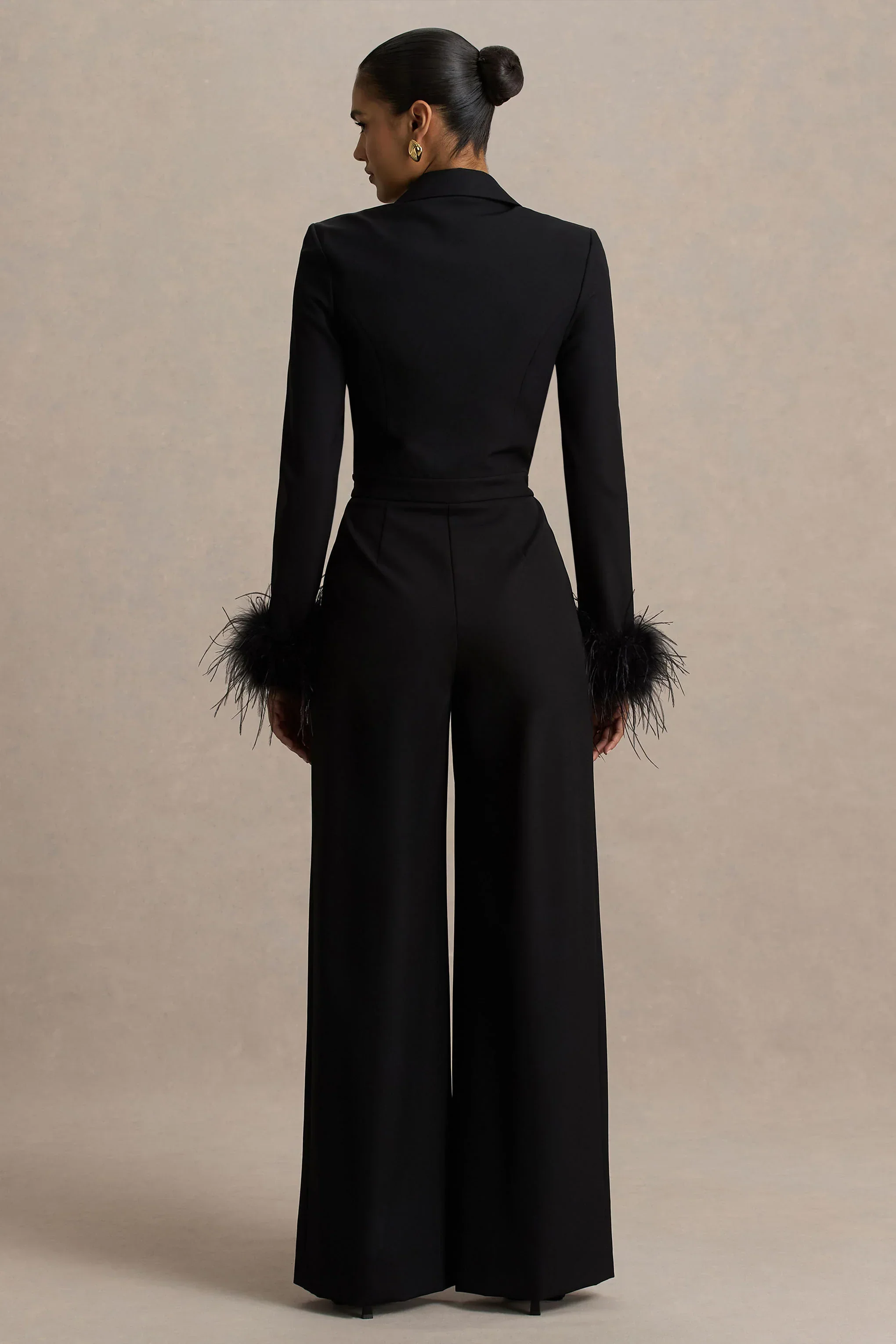 Lissy | Black Plunge-Neck Jumpsuit With Feather-Detailed Sleeves