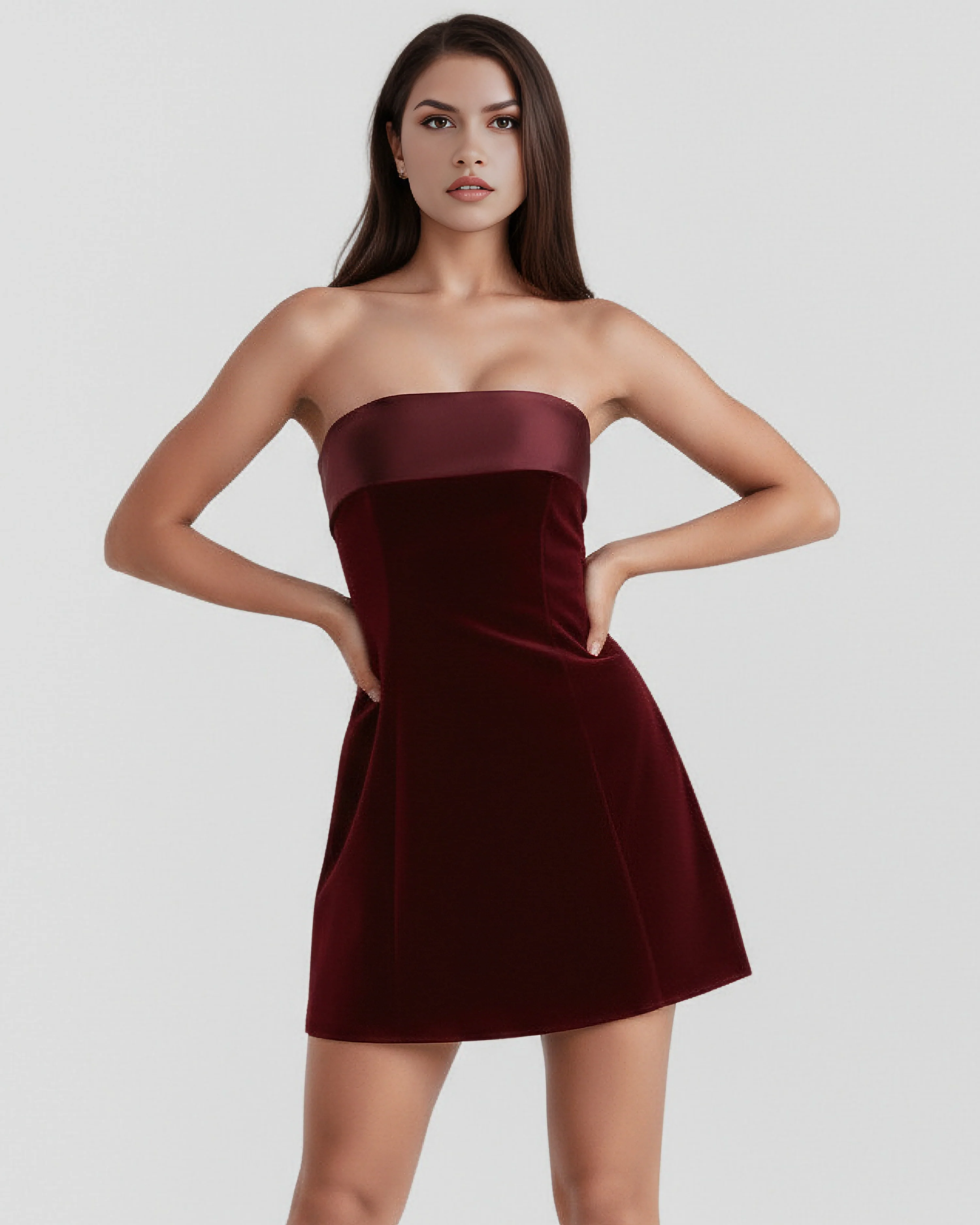 Bandeau Mini Dress with Fold Detail in Deep Burgundy
