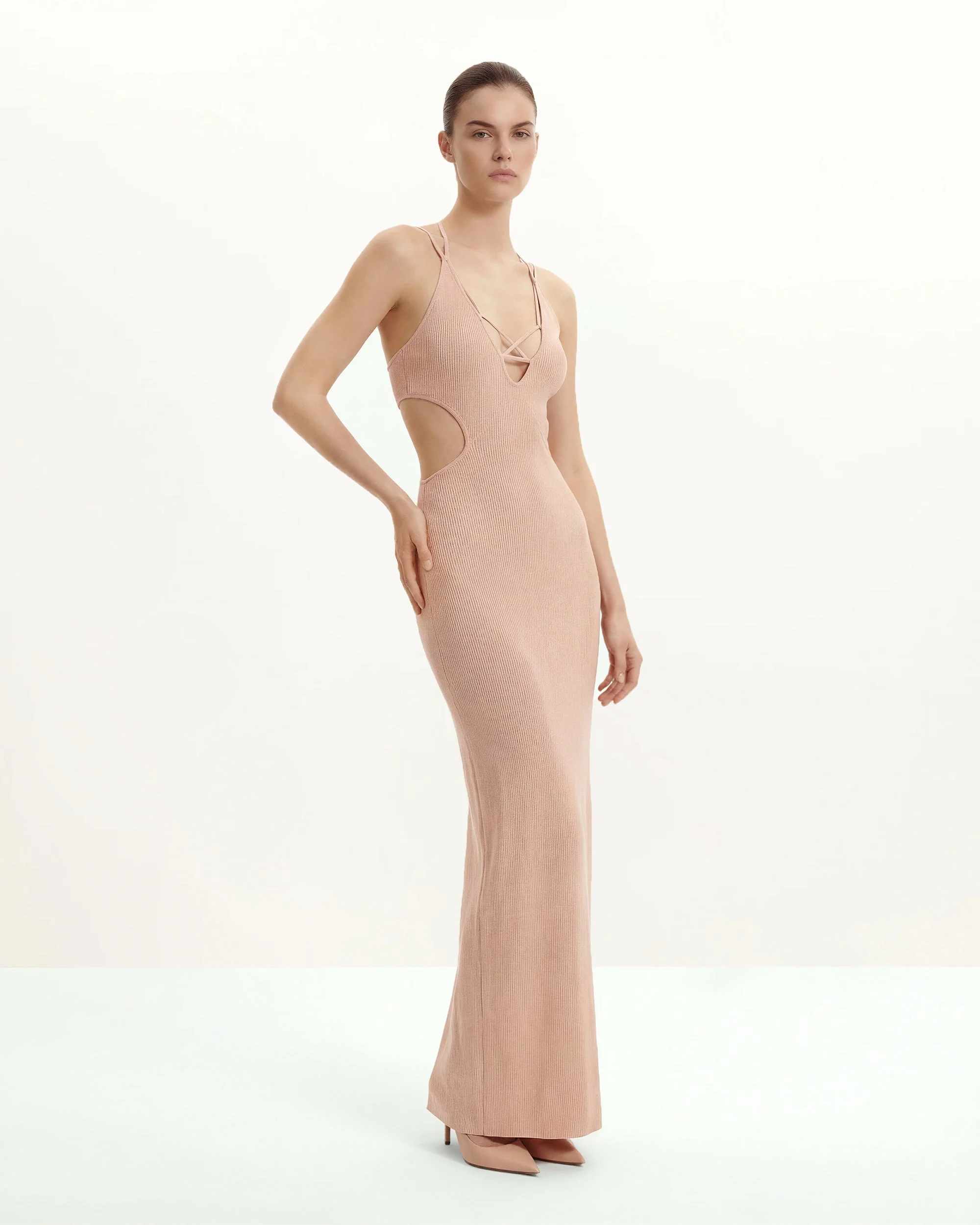 Ribbed Knit Cutout Maxi Dress - Pink - FASHION NOB