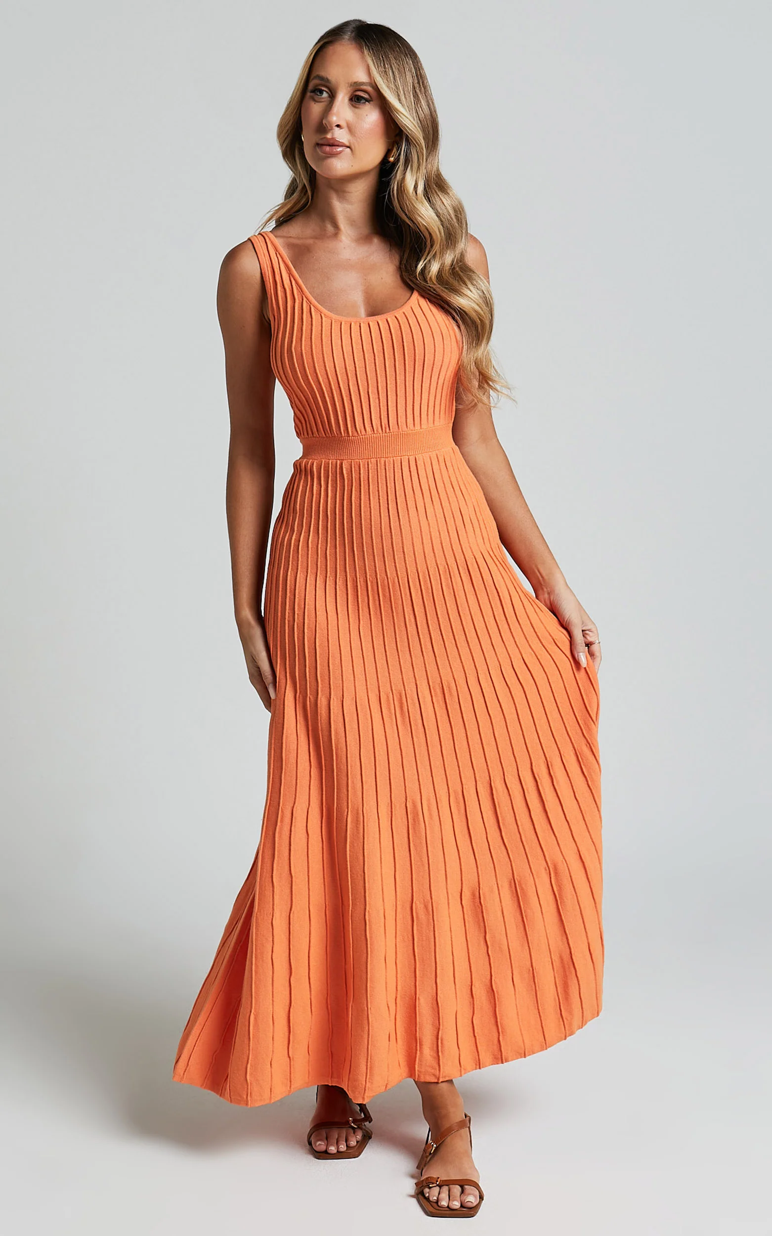 Saoirse Midi Dress - Square Neck Strappy Knit Dress in Mango