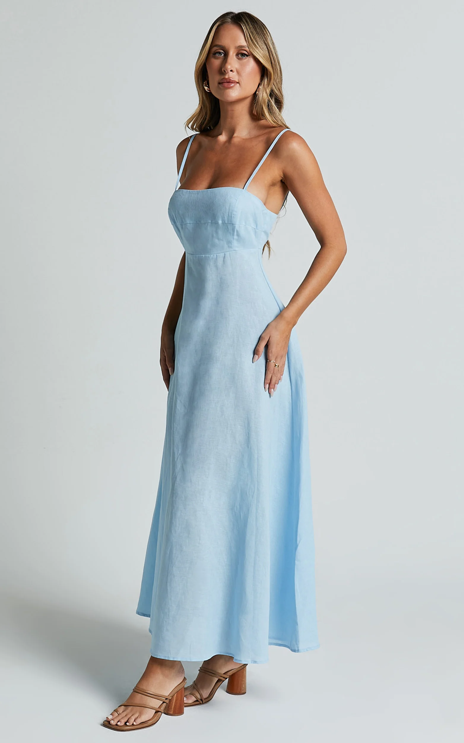 Brette Midi Dress - Linen Straight Neck Strappy Fit And Flare Dress in Blue