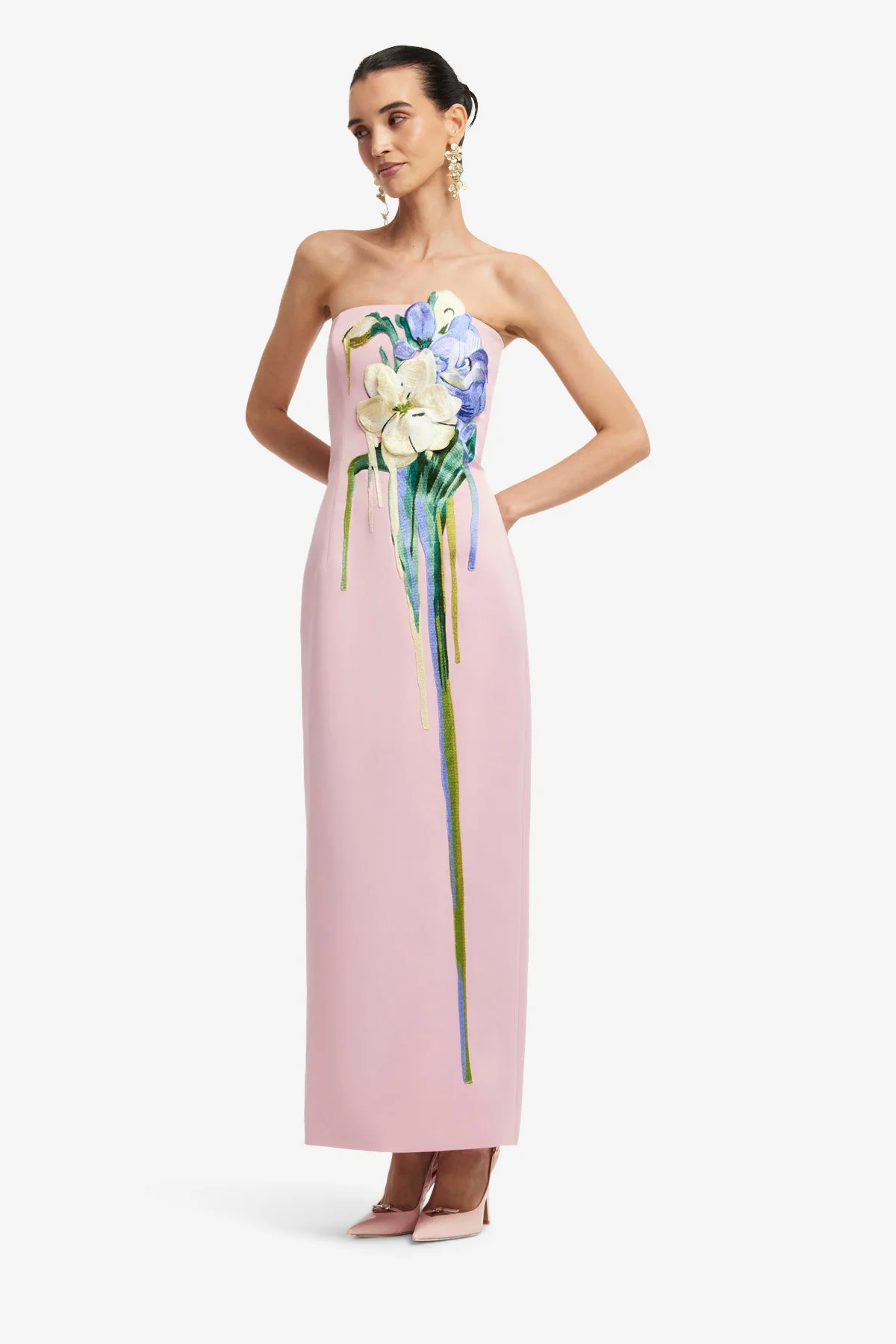 Rayna Embroidered Bustier Maxi Dress - Bouquet Print in Pastel Pink