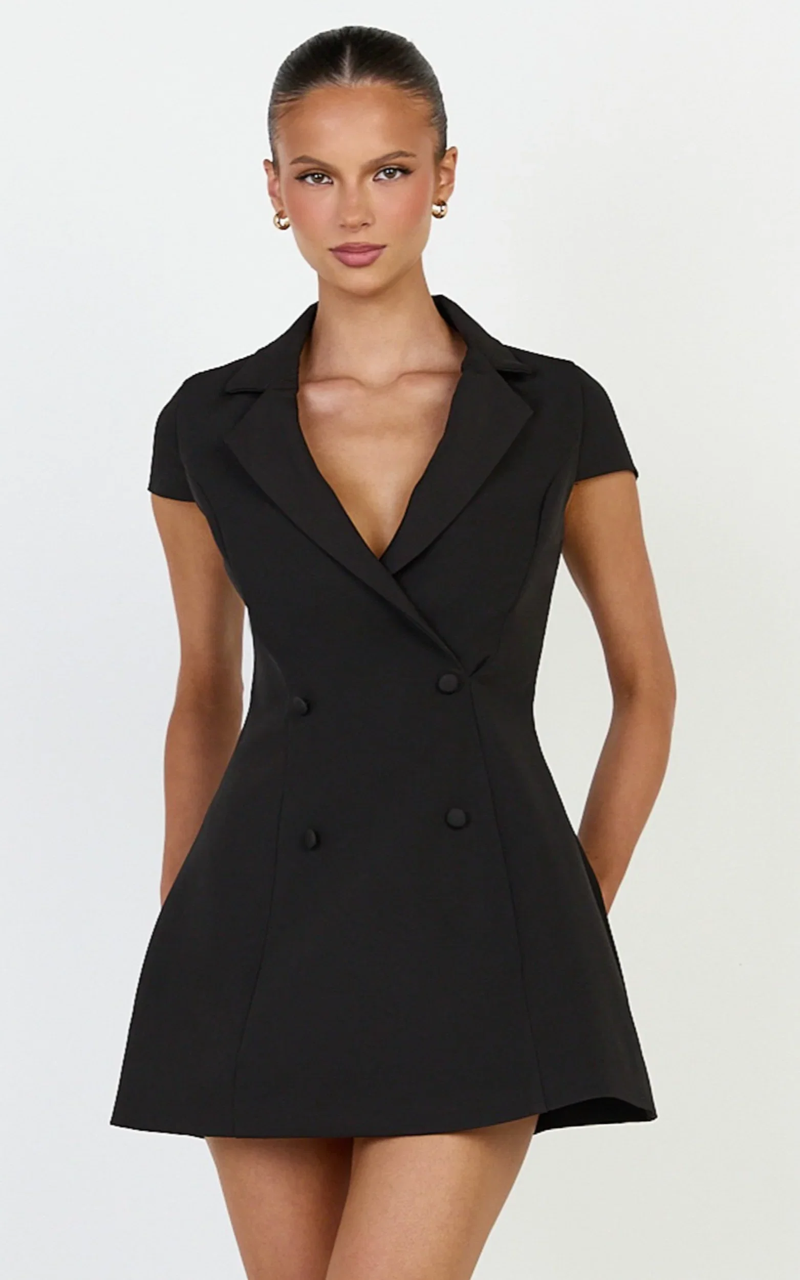 Clementine Mini Dress - Cap Sleeve Double Breasted Dress in Black