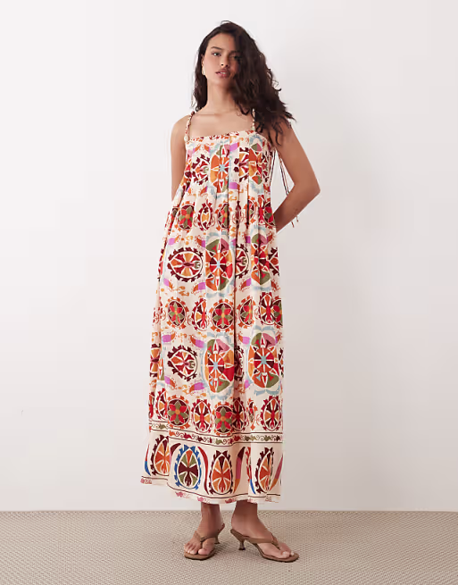 VILA beaded straps pleated cami maxi dress in red conversational print