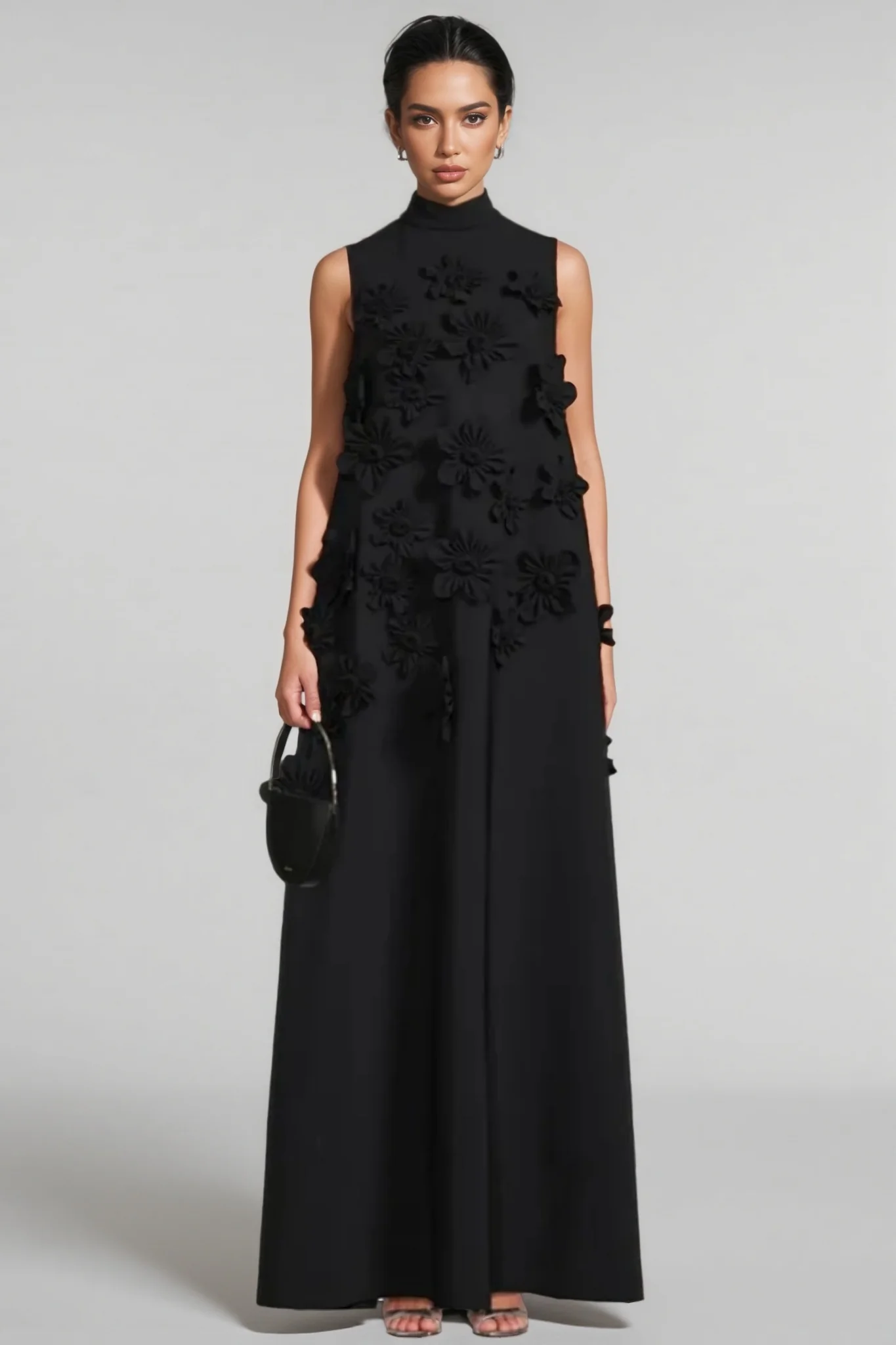 Daphne 3D Floral High Neck Sleeveless Maxi Dress-Black