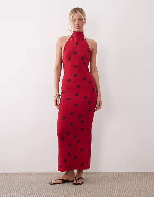 knit halter neck maxi dress in red polka dot