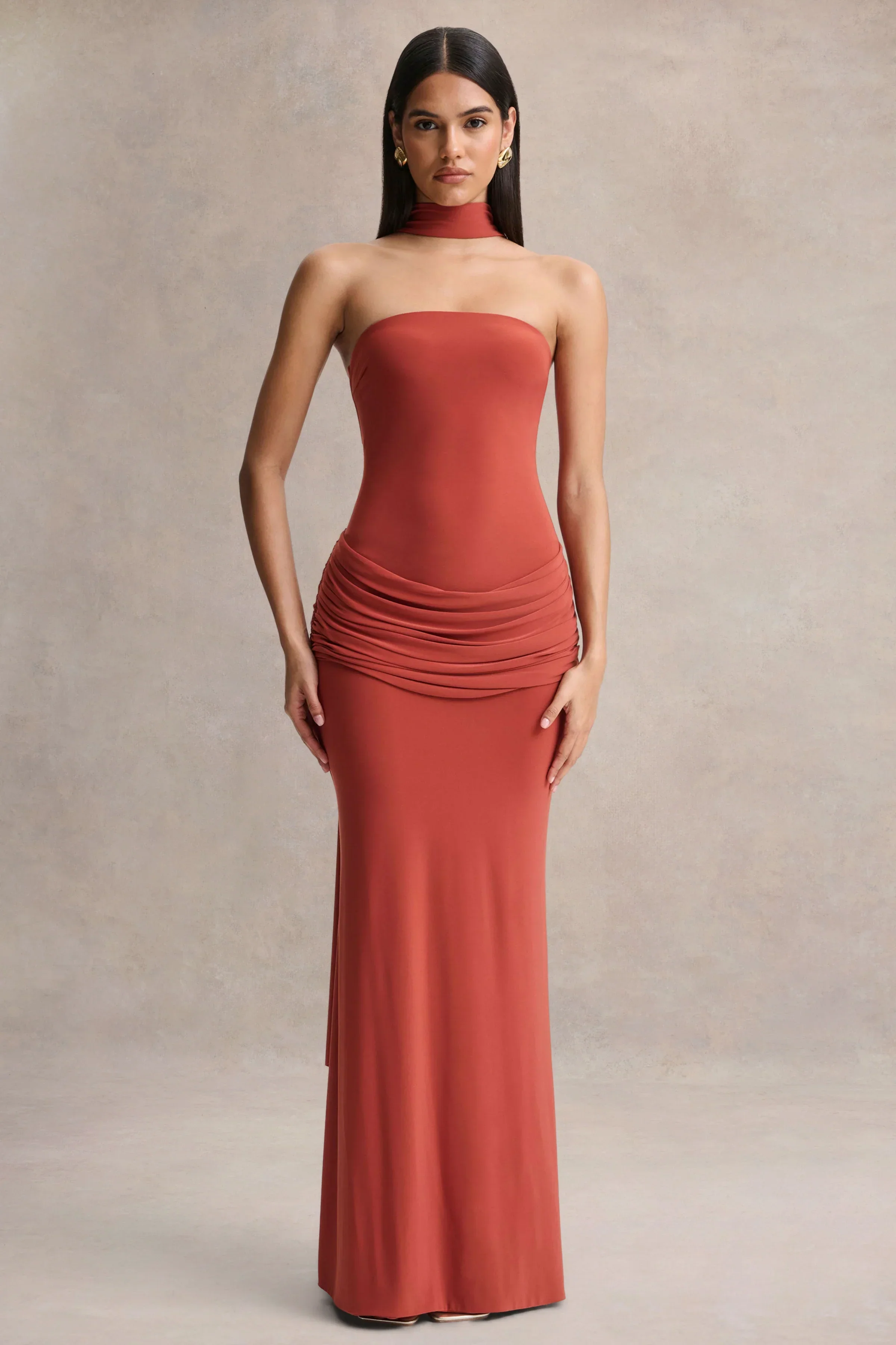 Graciella | Rust Bandeau Maxi Dress With Draped Detailing And Scarf