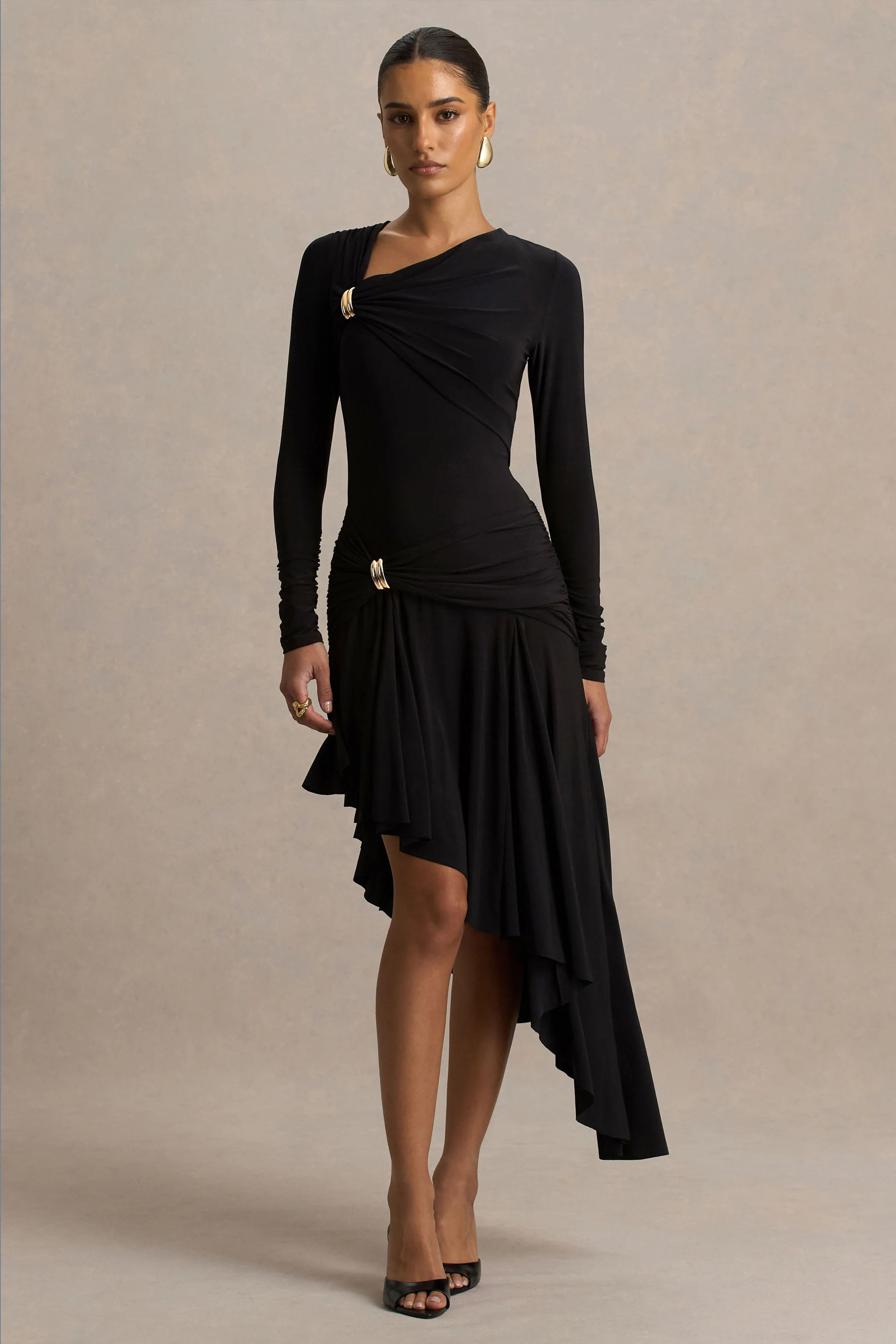 Alexia | Black Asymmetric-Neck Maxi Dress With Gold-Details