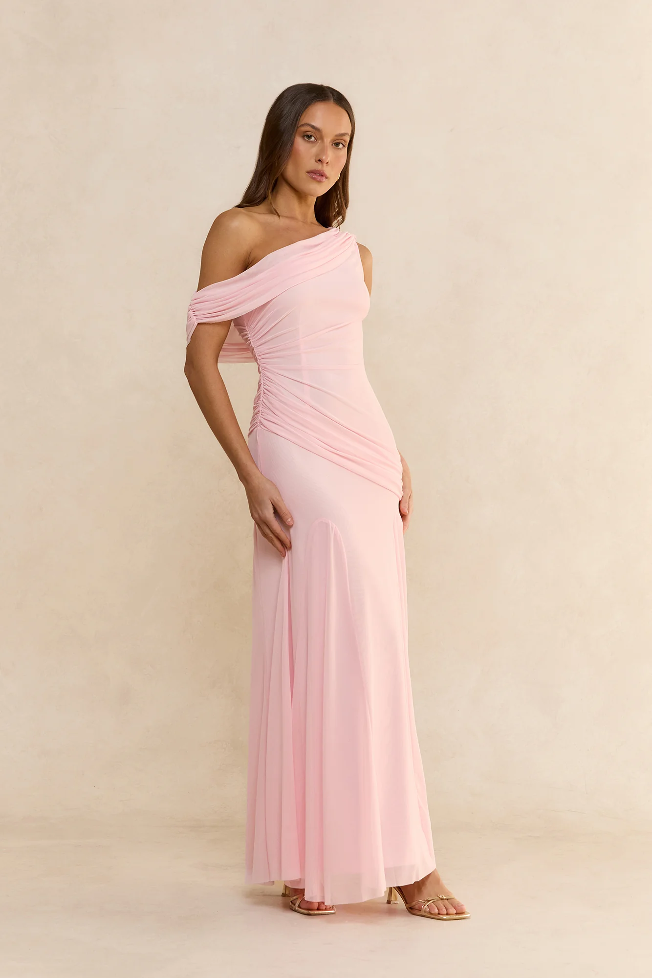 Glamour Of Yours Mesh Off Shoulder Maxi Dress Pink