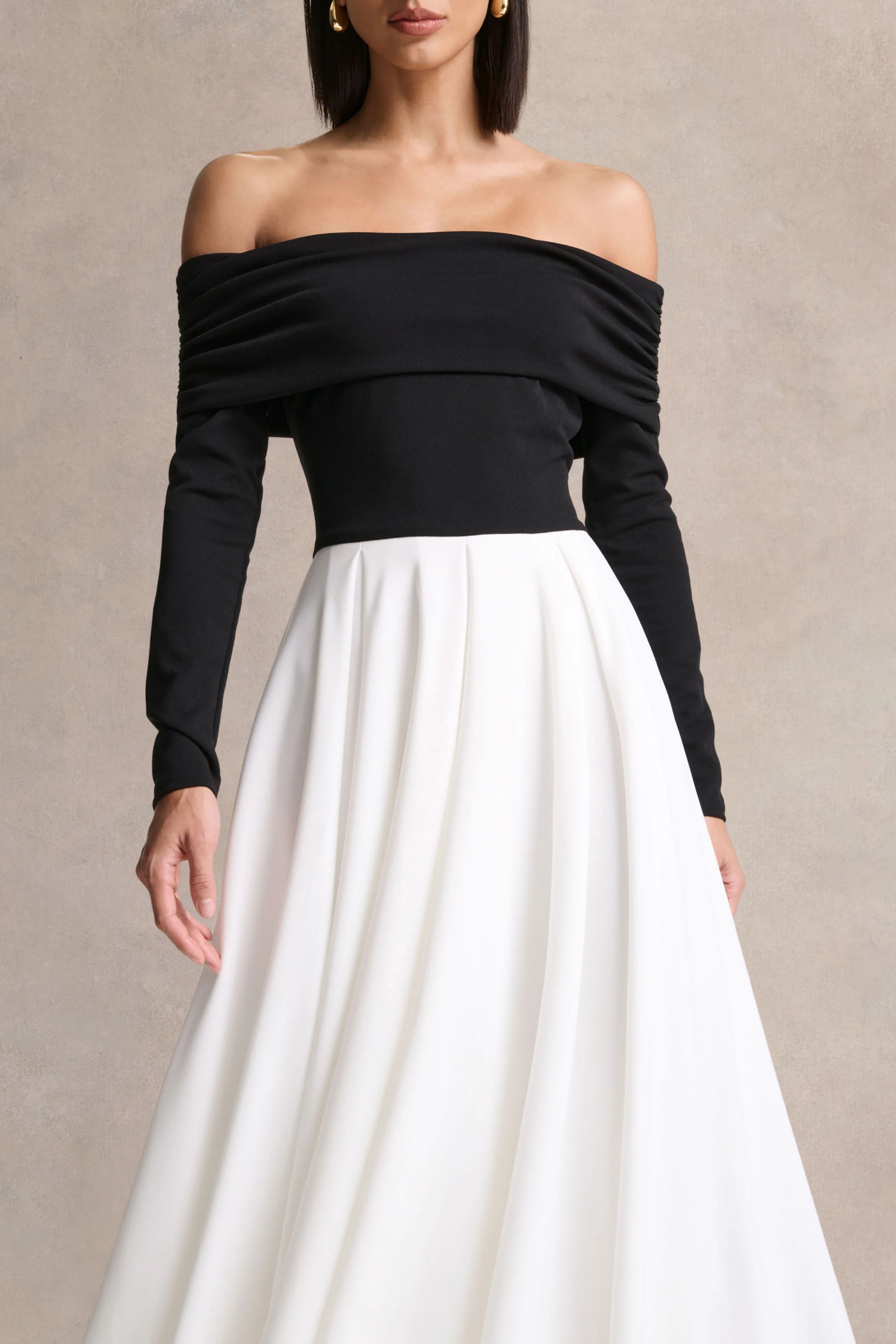 Frederica | Black And White Bardot-Neck Midi Dress