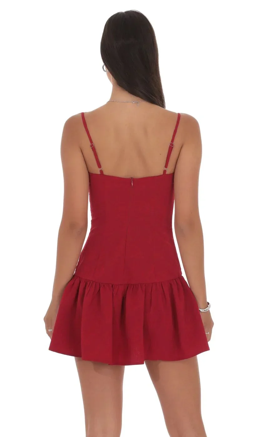 Jacquard Double Bow Drop Waist Dress in Red