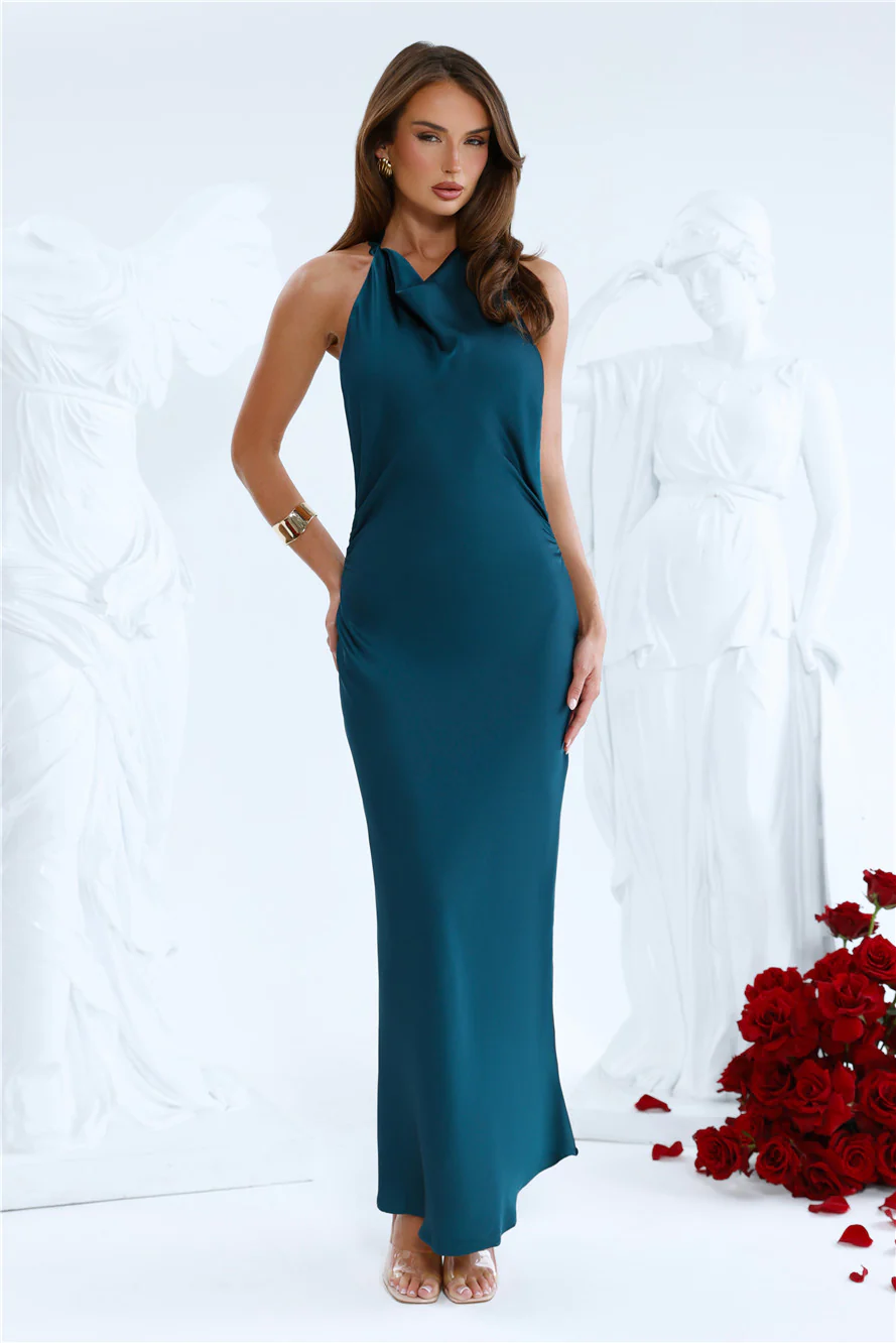 Hot Girl Soirée Halter Satin Midi Dress Teal
