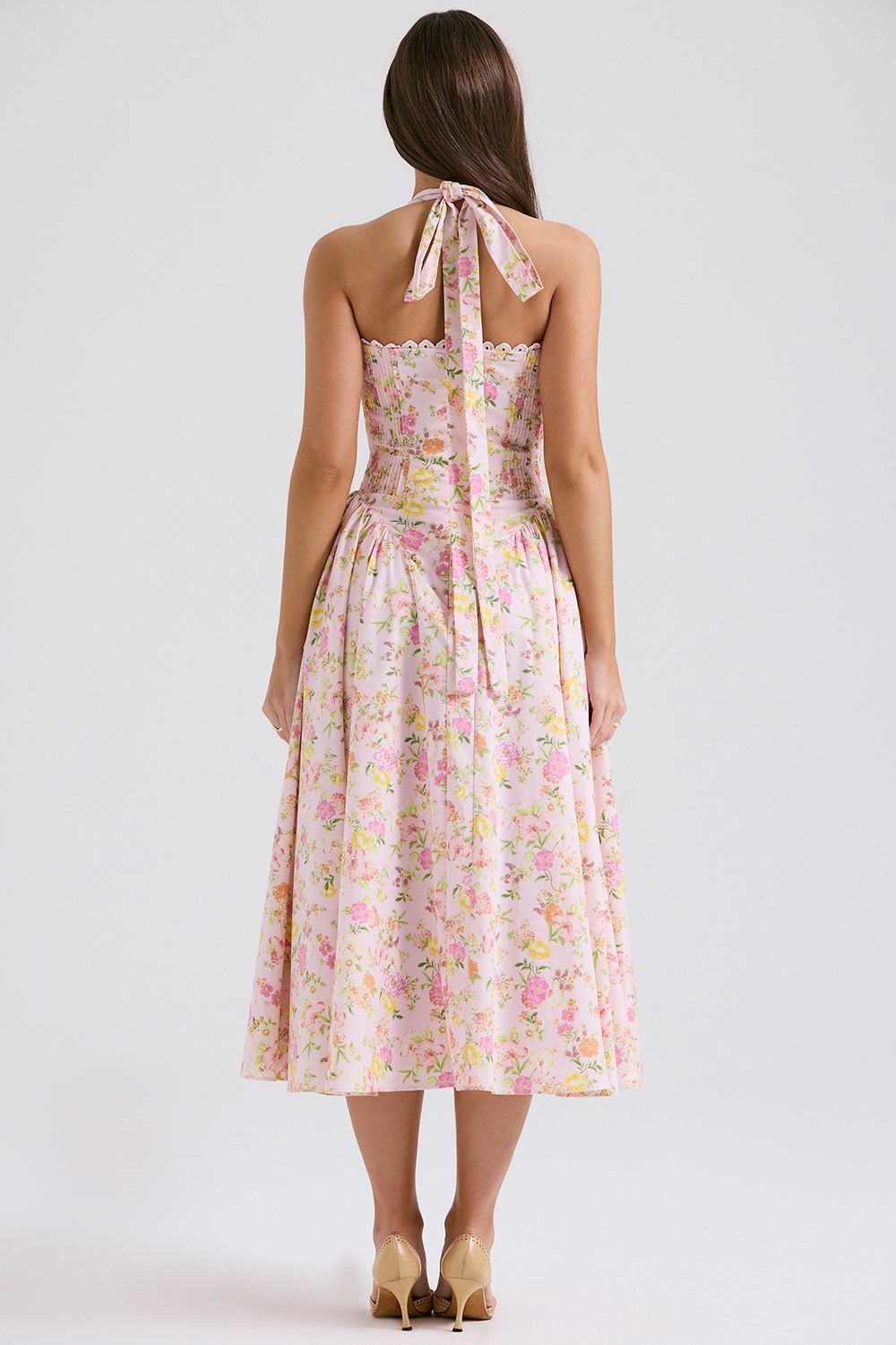 Pink Meadow Print Cotton Halter Midi Sundress