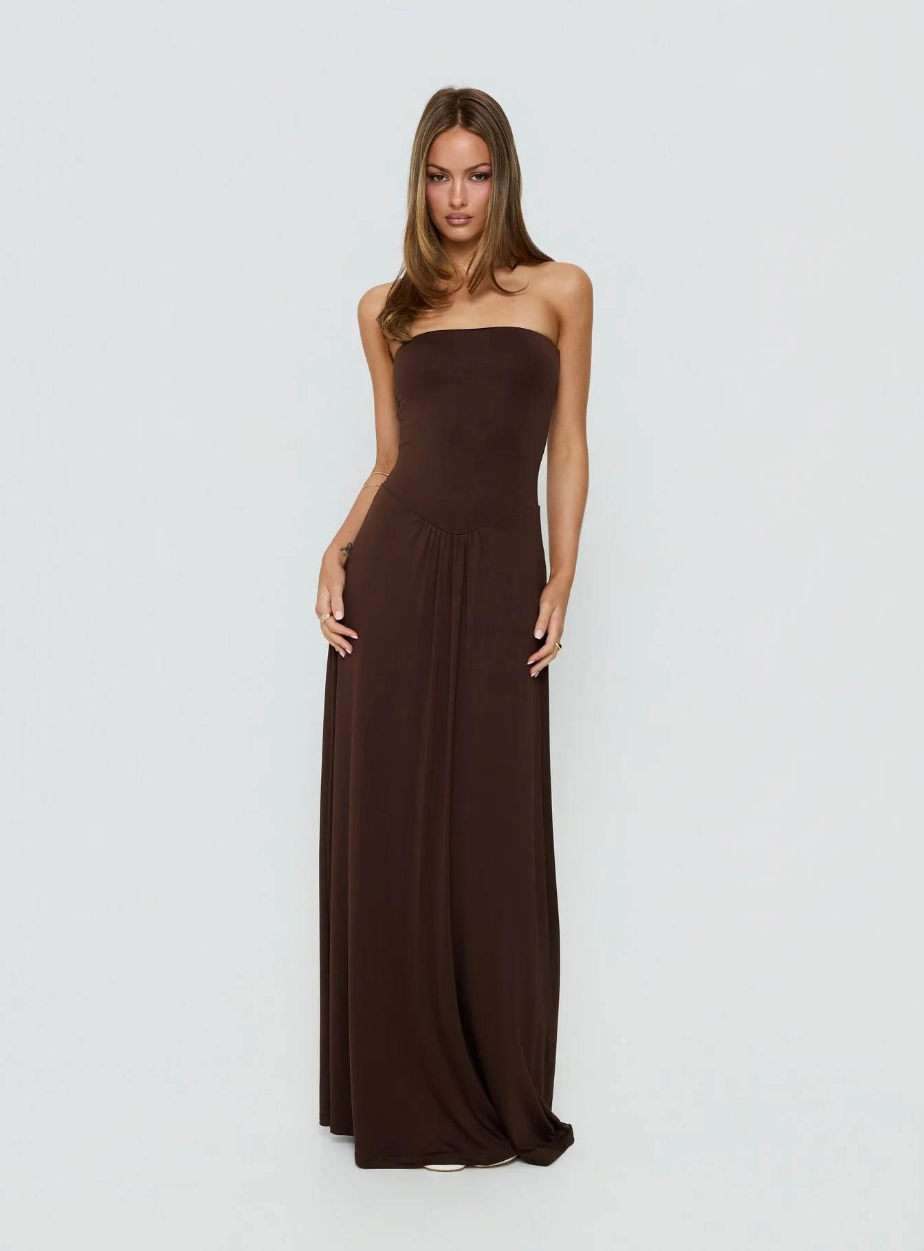 Ophal Strapless Drop Waist Maxi Dress Brown
